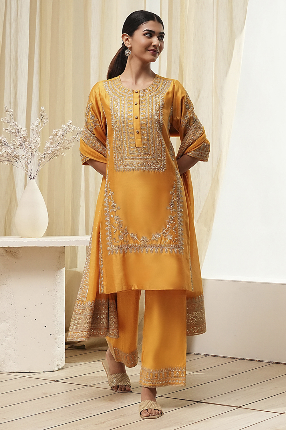 Ochre Yellow Cotton Silk Straight Suit Set image number 8