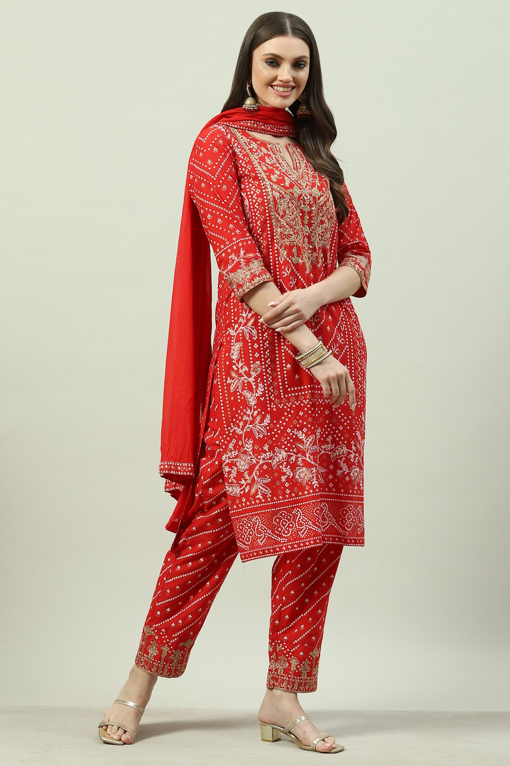 Red Cotton Straight Kurta Relaxed Pants Suit Set image number 3