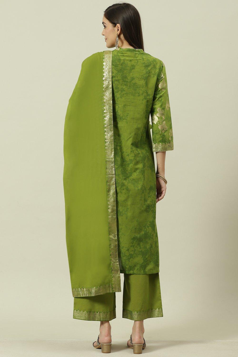 Turquoise Printed Cotton Straight Suit Set image number 4