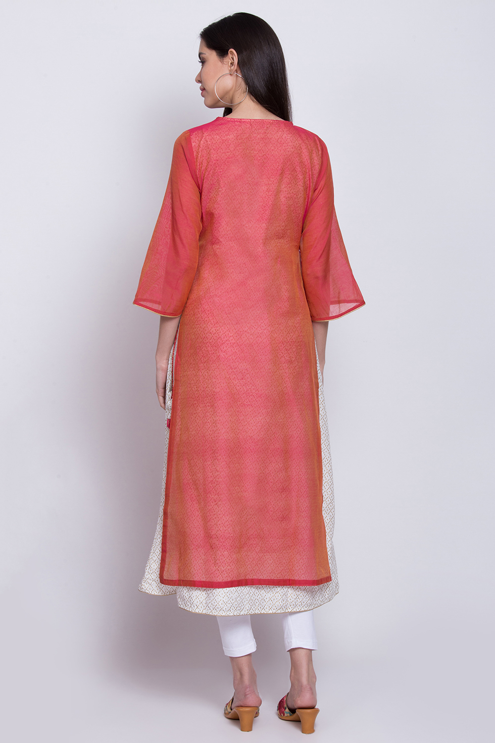 Pink Poly Cotton Flared Yarndyed Kurta image number 4