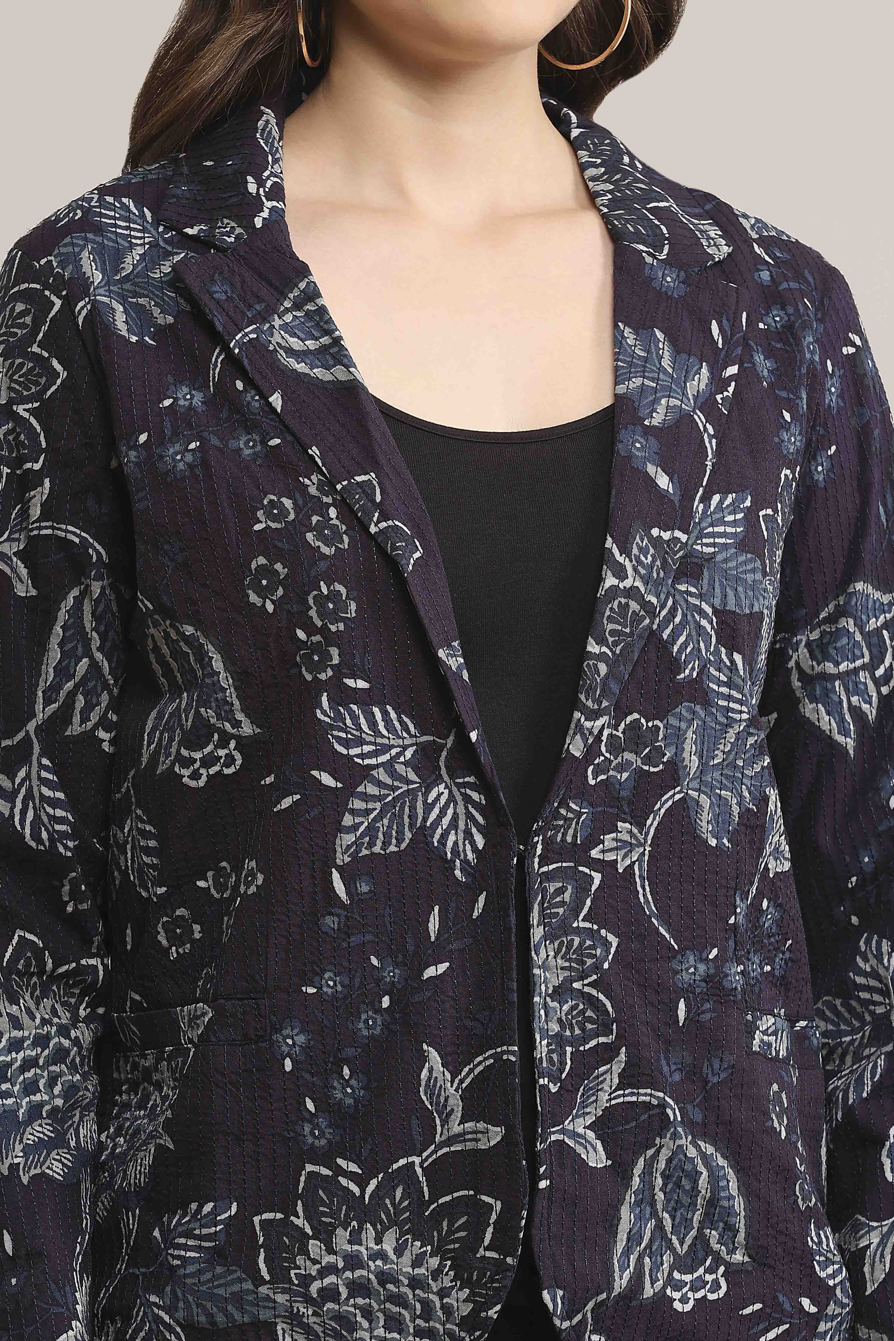 Navy Rayon Straight Printed Jacket image number 1