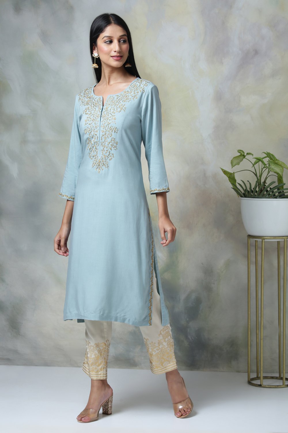 Powder Blue Rayon Kurta Pants Set image number 4