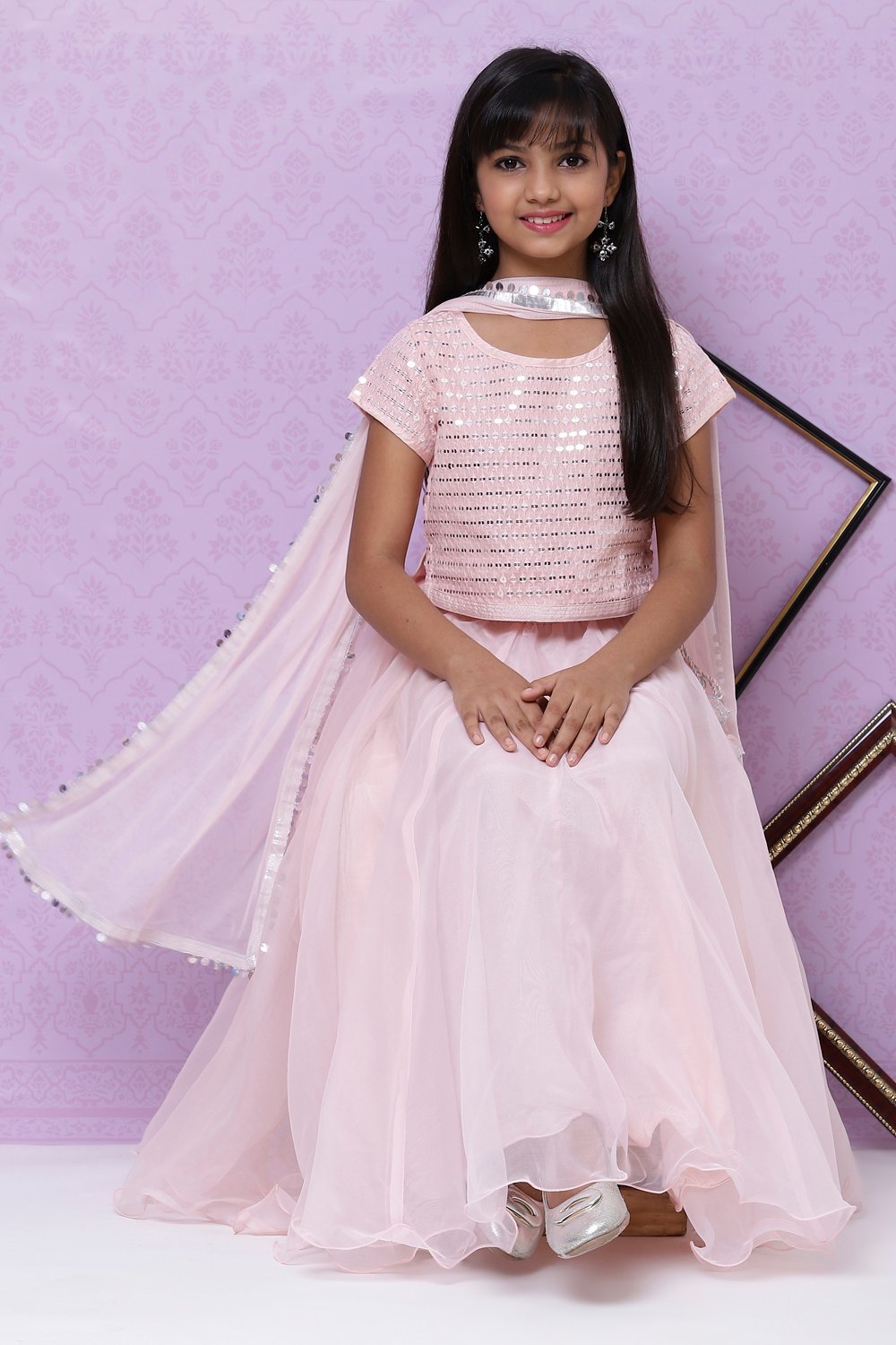 Pastel Pink Poly Cotton Girls Lehenga Set image number 0