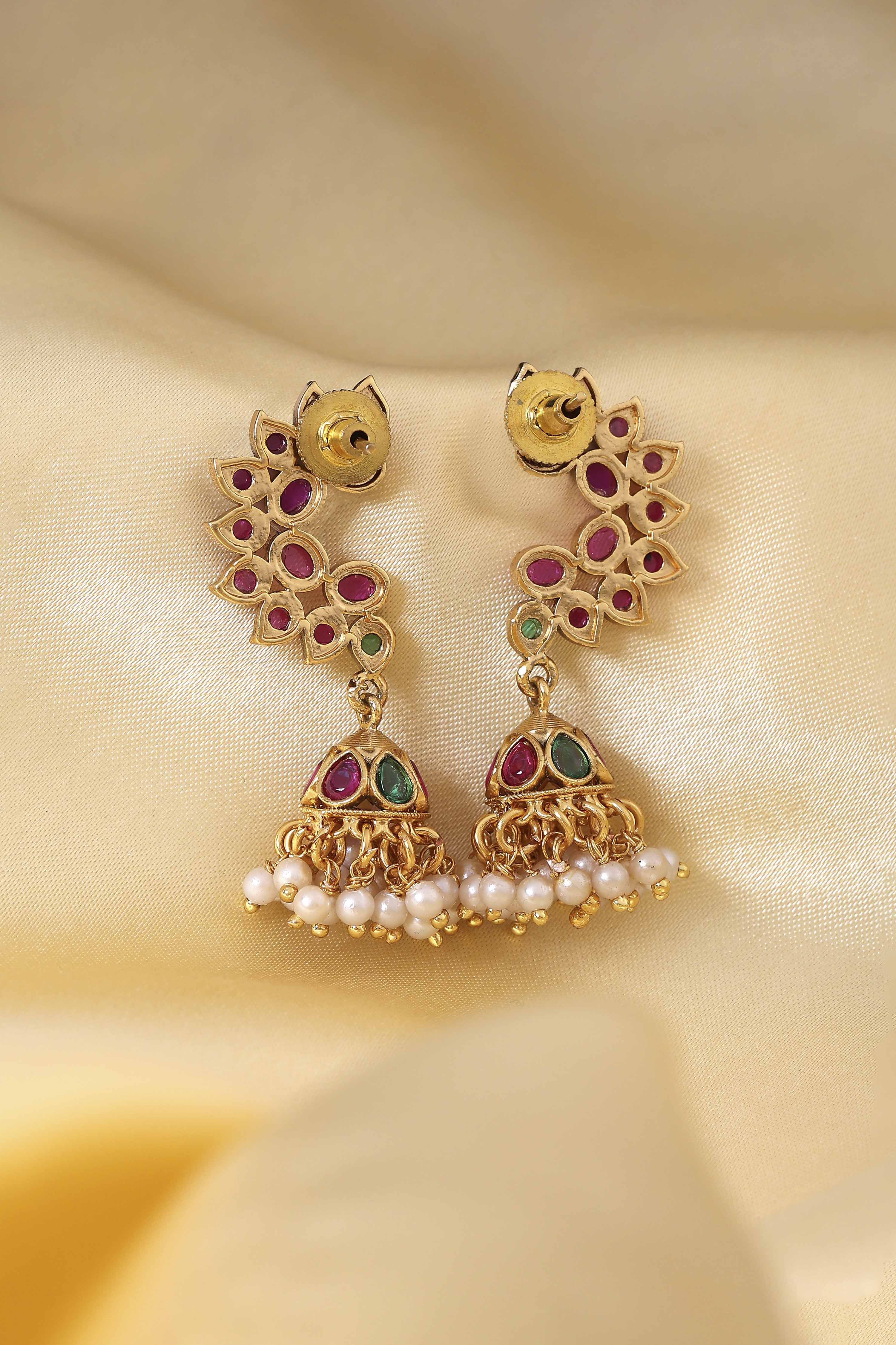 Pink Gold Plated Brass Studded Jhumkas image number 2