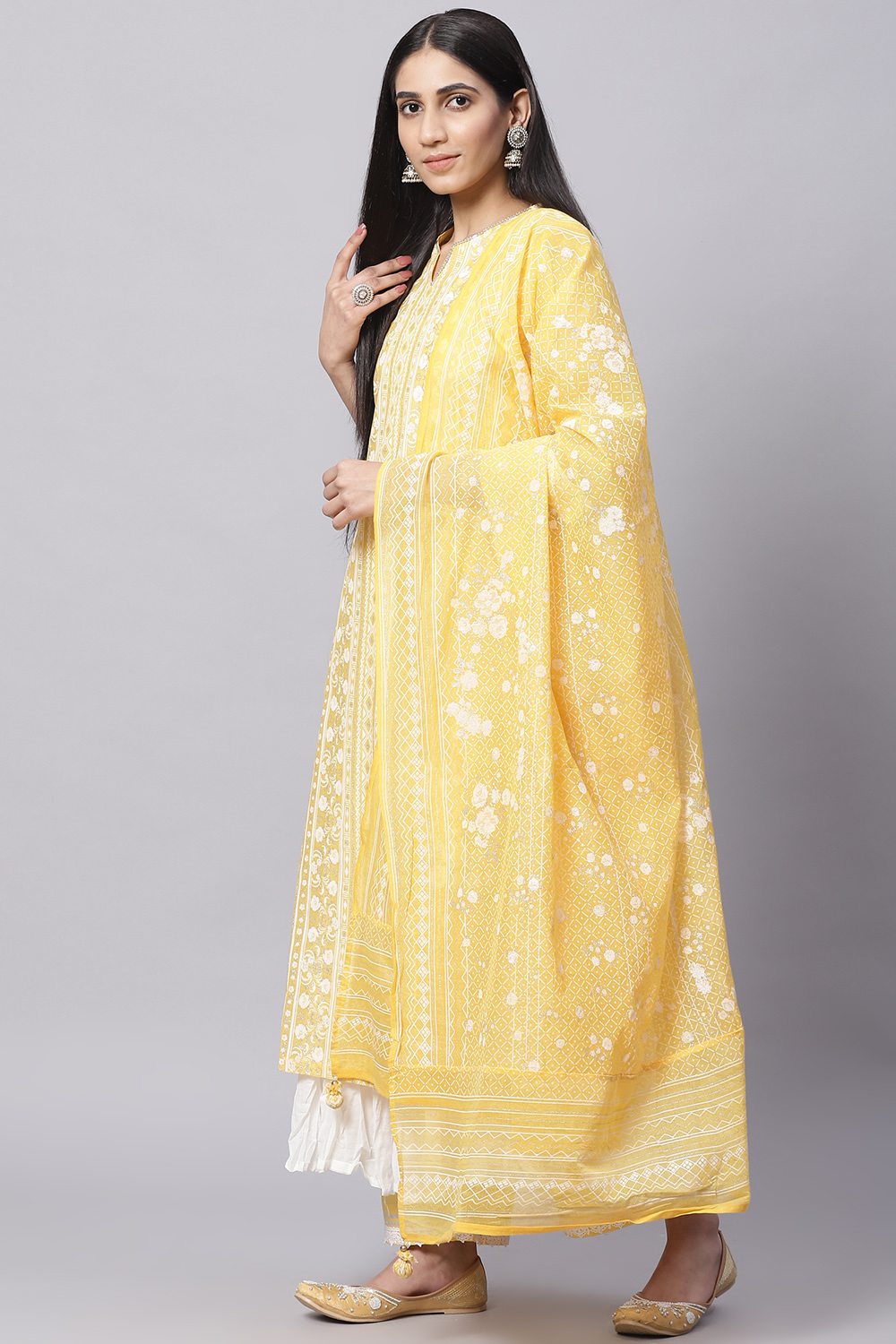 Yellow Cotton Double Layered Kurta Palazzo Suit Set image number 6