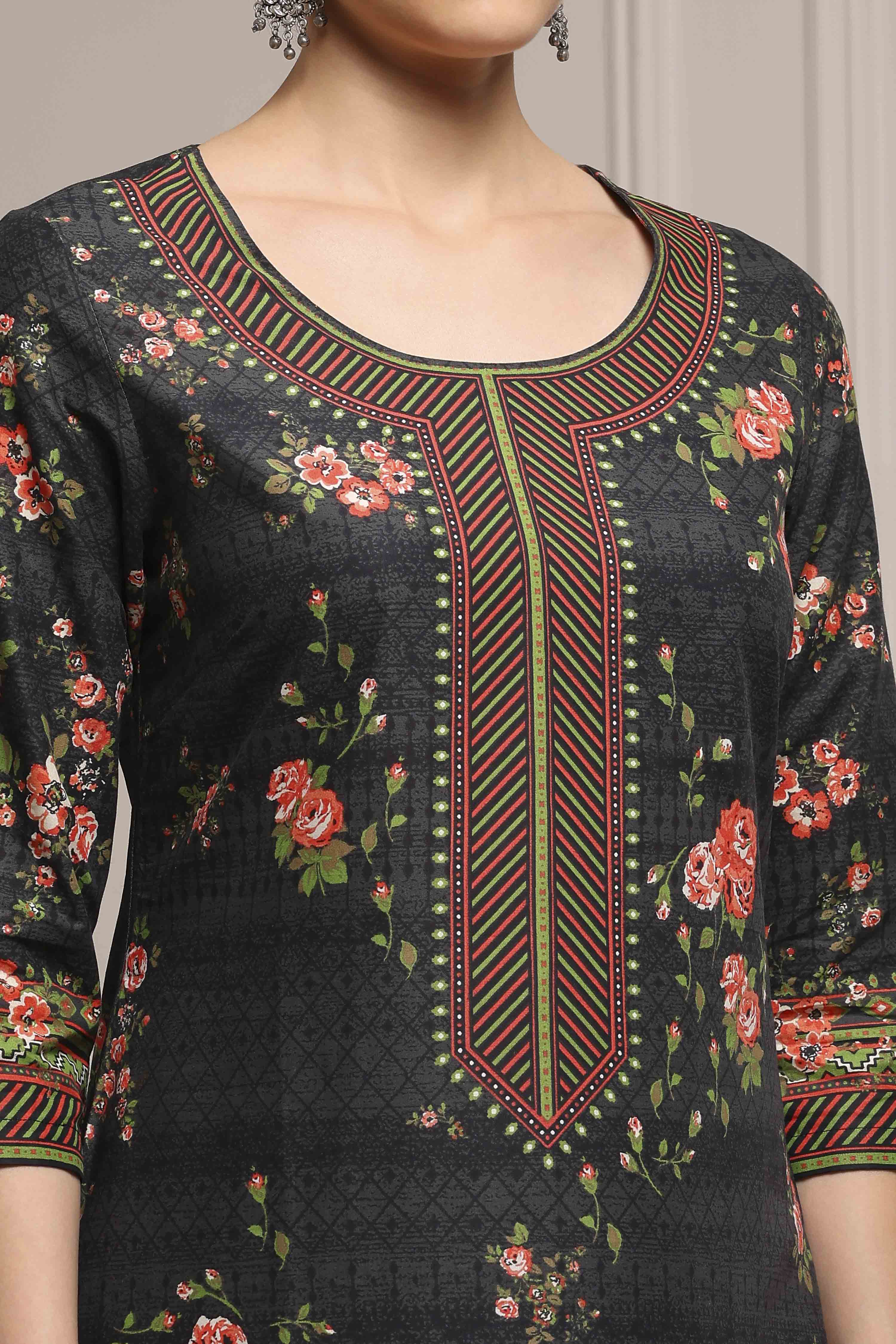 Black Cotton Printed Straight Kurta image number 1