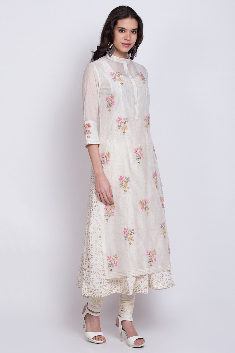 Off White Poly Cotton Flared Kurta Churidar Suit Set image number 4