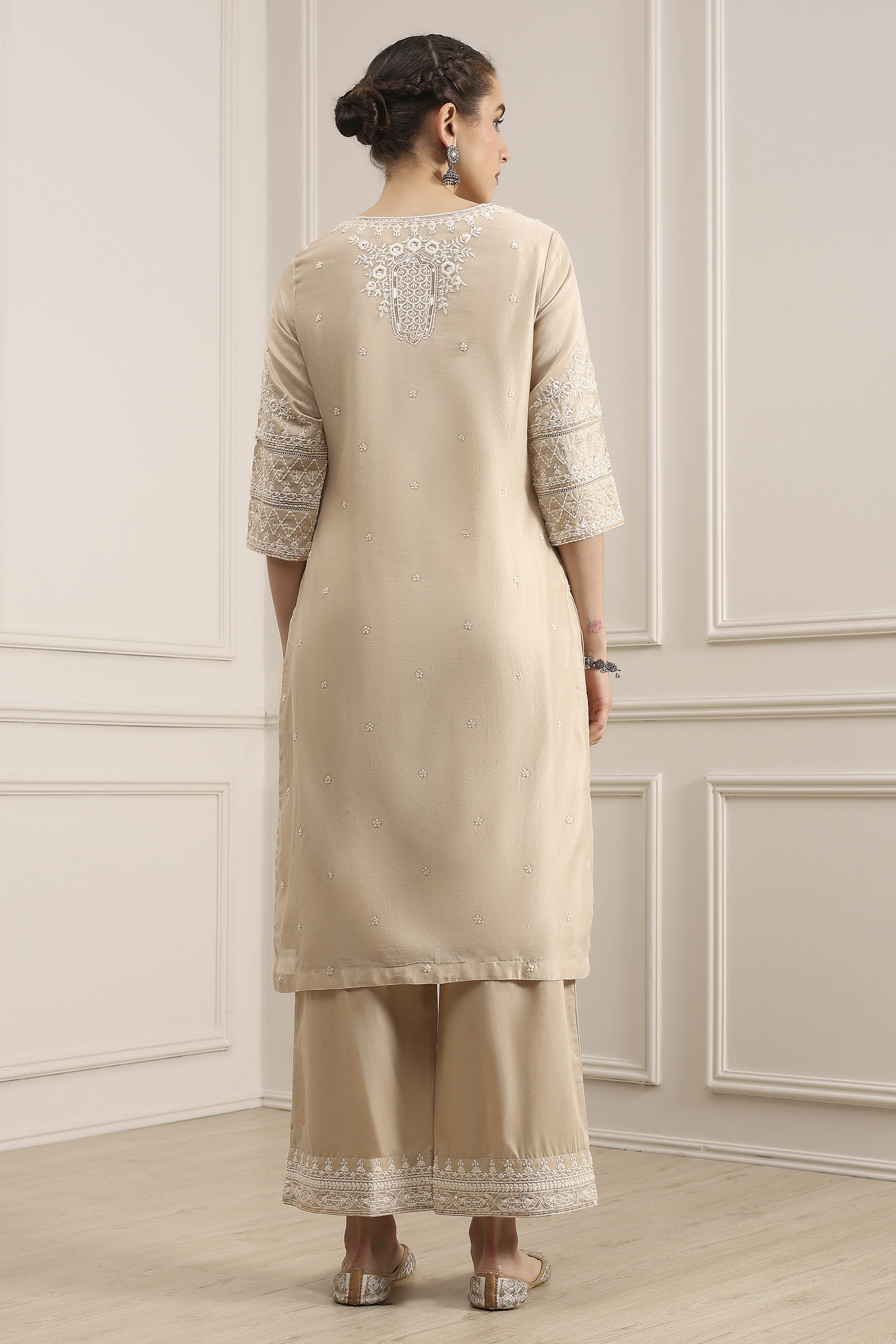 Beige Chanderi Straight Dyed Suit Set image number 4