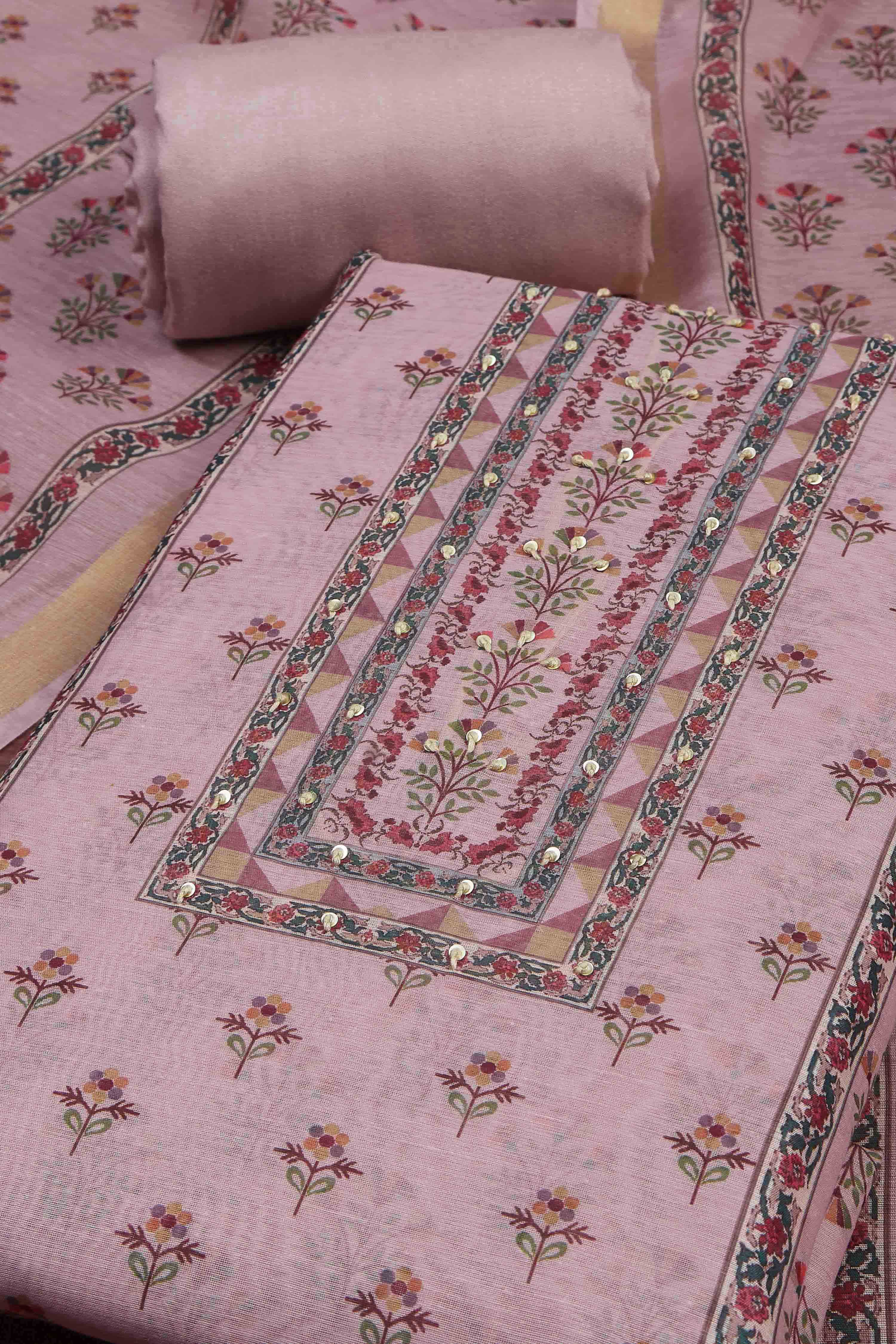 Cream-Toned Muslin Rajasthani Print Unstitched Suit Set image number 1