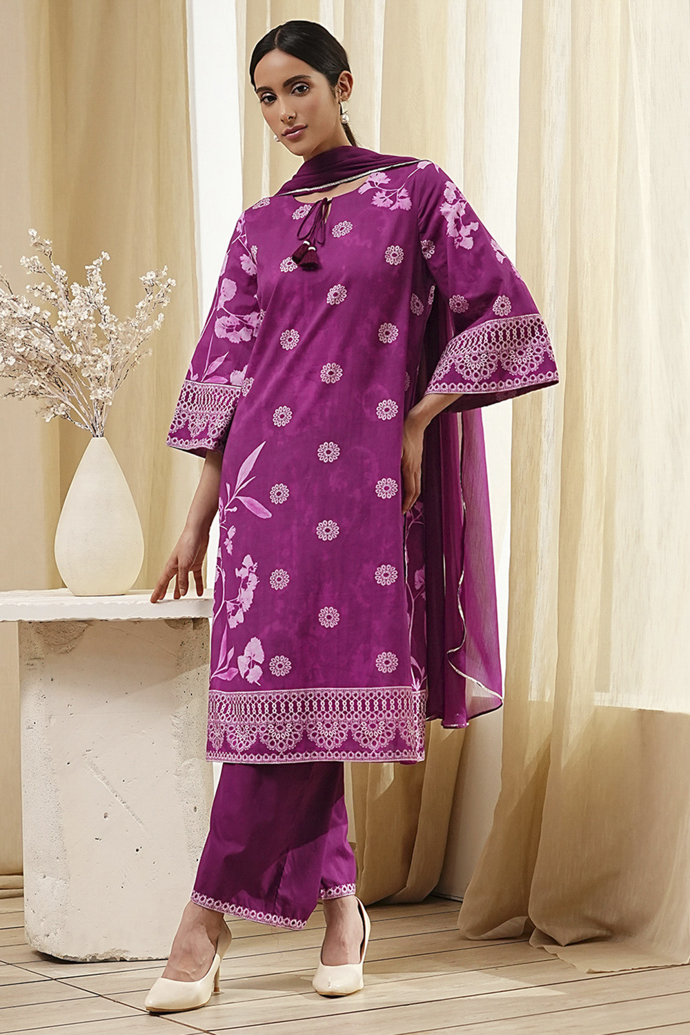 Berry Purple Cotton Straight Suit Set image number 0