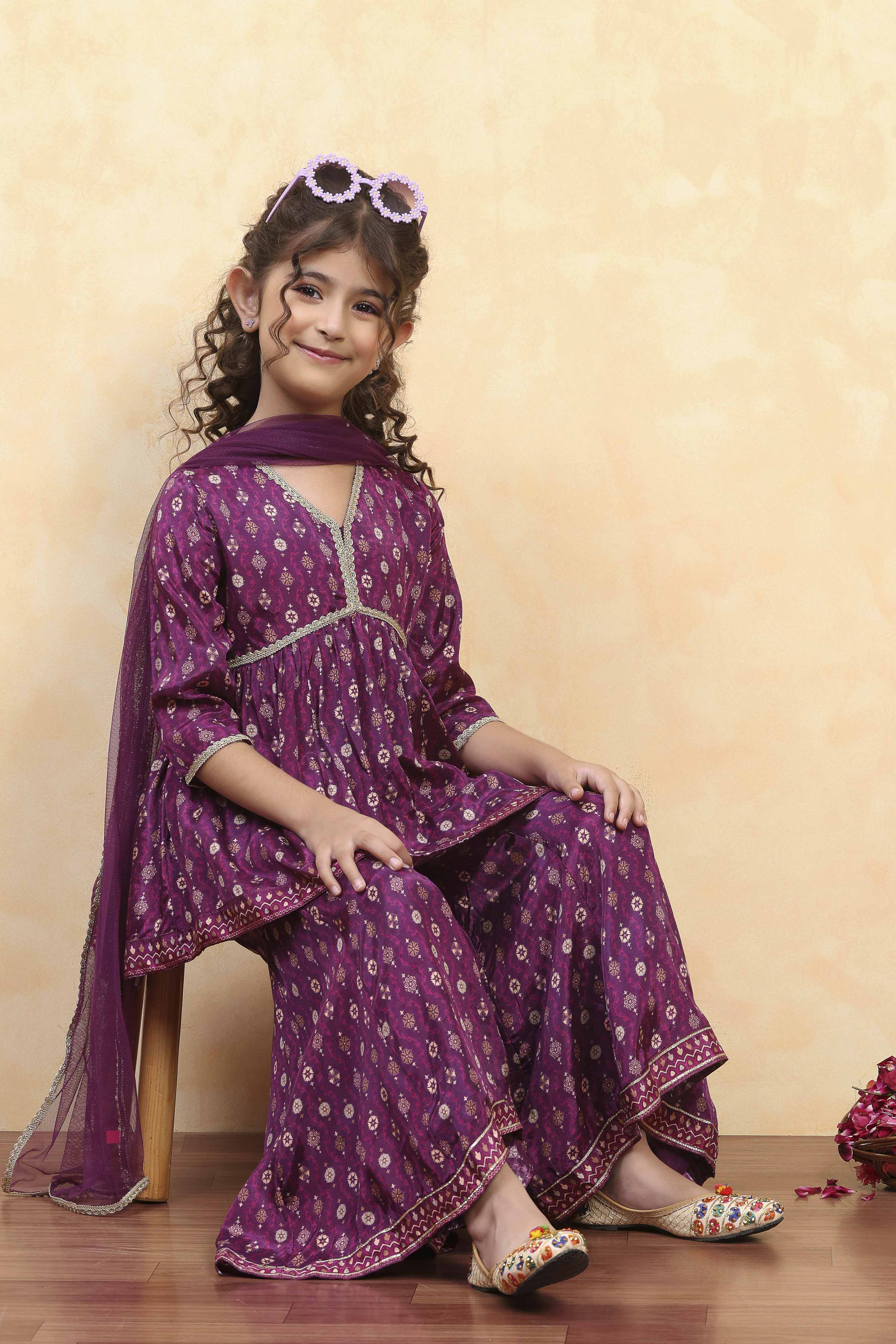 Purple Viscose Rayon Printed Peplum Suit Set image number 0