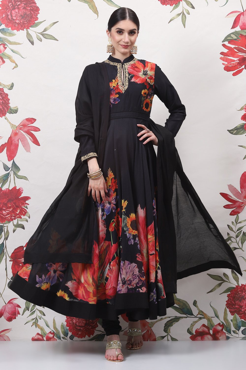 Rohit Bal Black Cotton Silk Anarkali Printed Suit Set image number 7