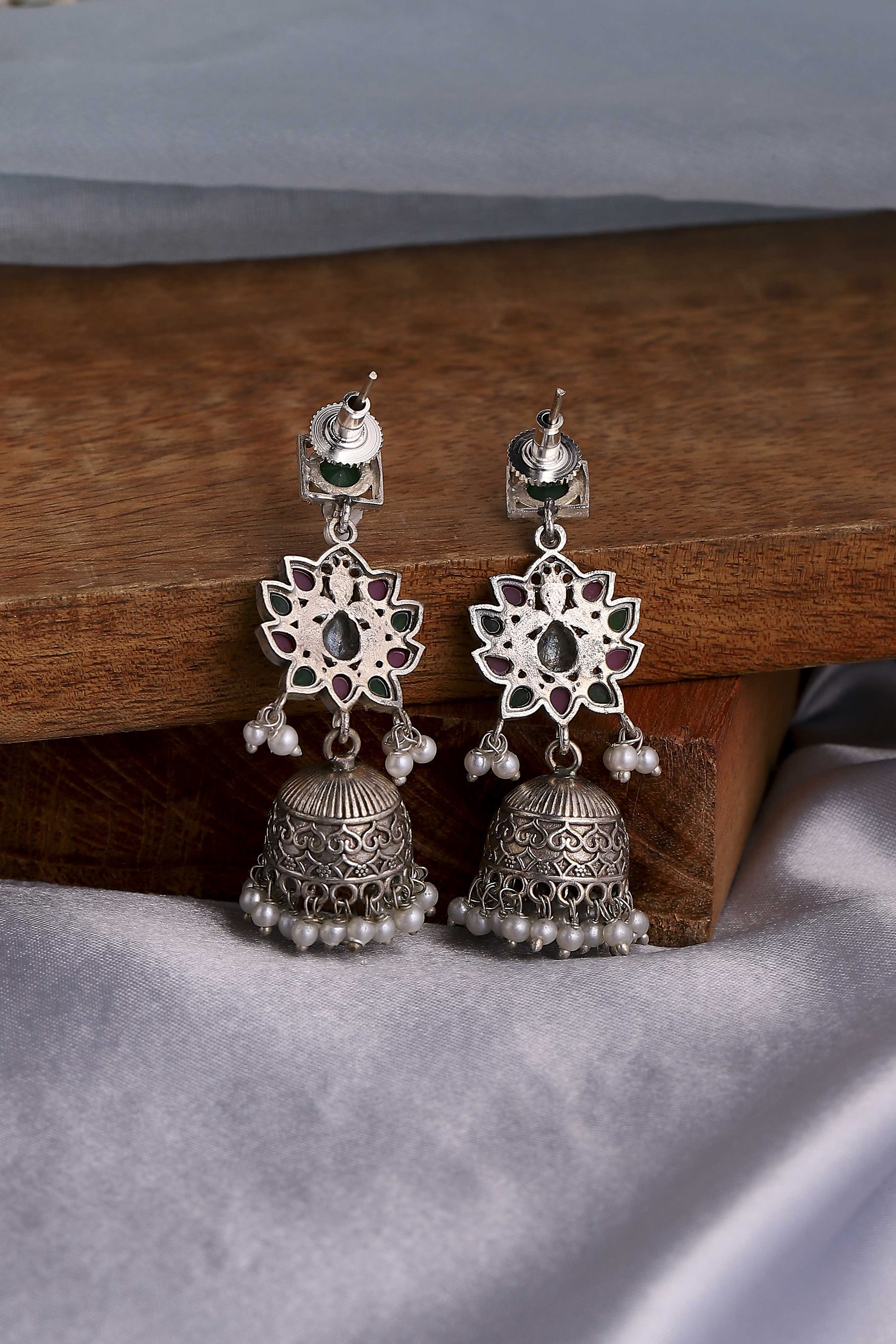 Multicolour Brass Oxidised Studded Jhumkas image number 2