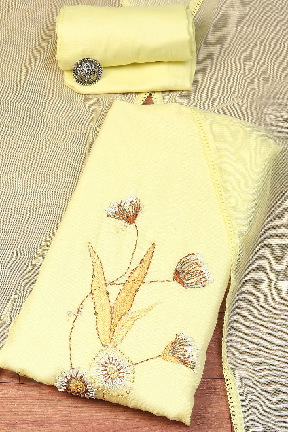 Yellow Cotton Blend Printed Unstitched Suit Set image number 0