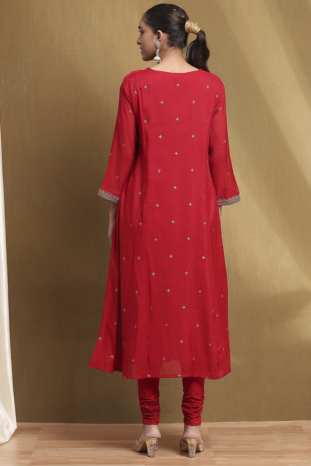 Red Embroidered Festive Kalidar Suit Set image number 4