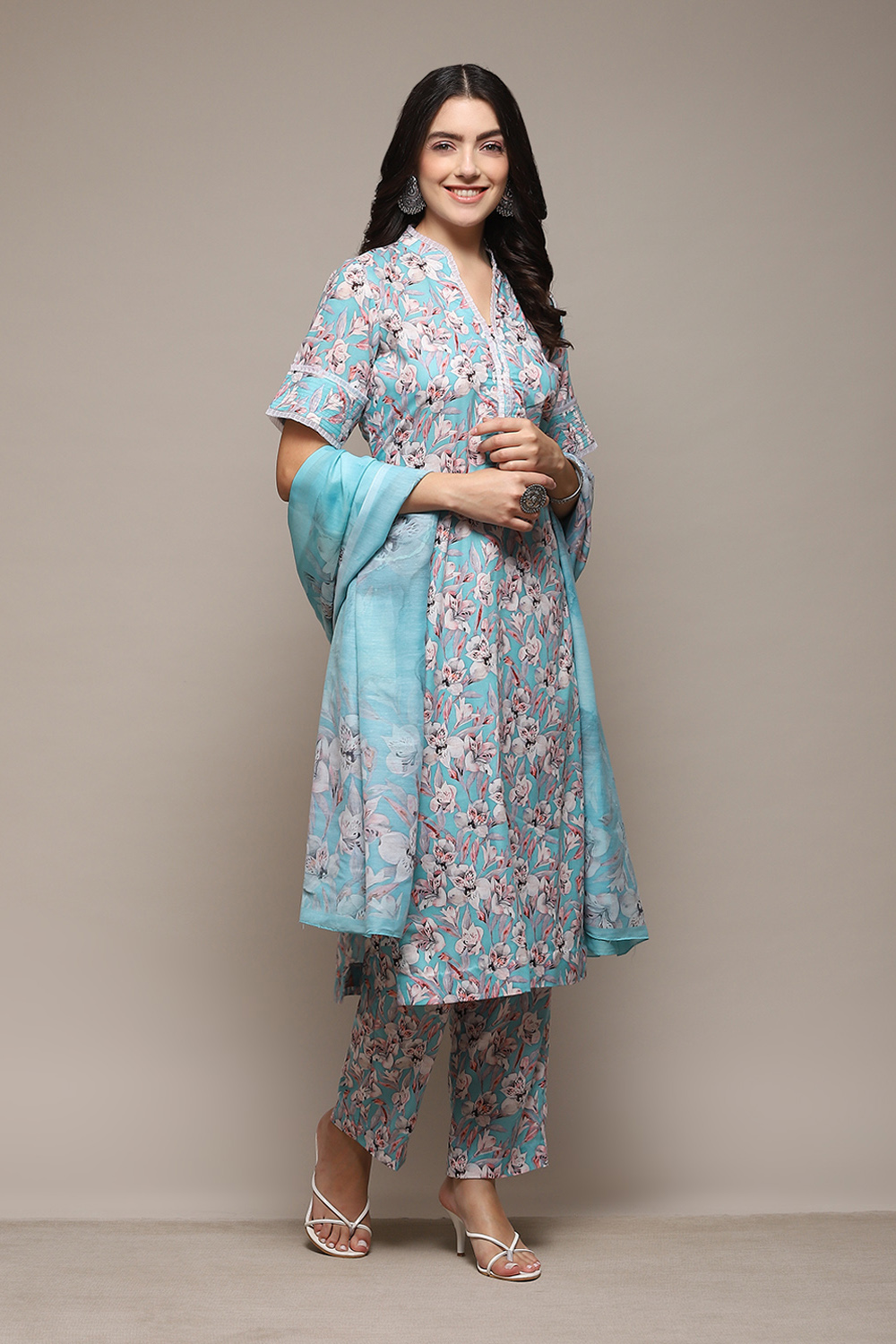 Light Blue Cotton Blend Digital Print Unstitched Suit Set image number 7