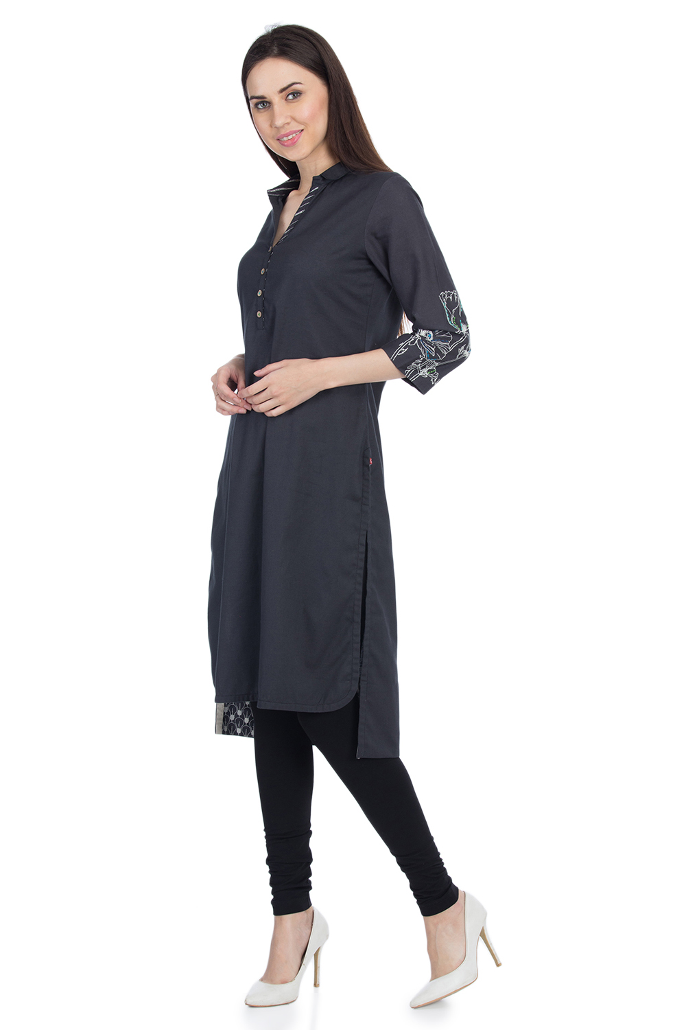 Charcoal Straight Solid Kurta image number 2