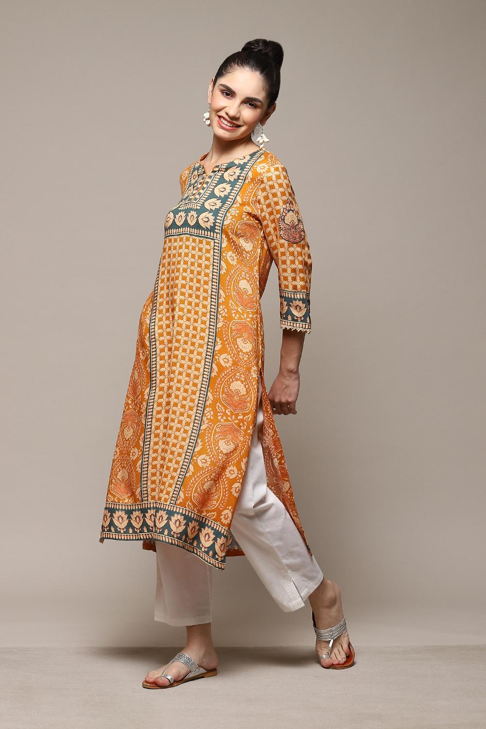 Ochre LIVA Straight Printed Kurta image number 5