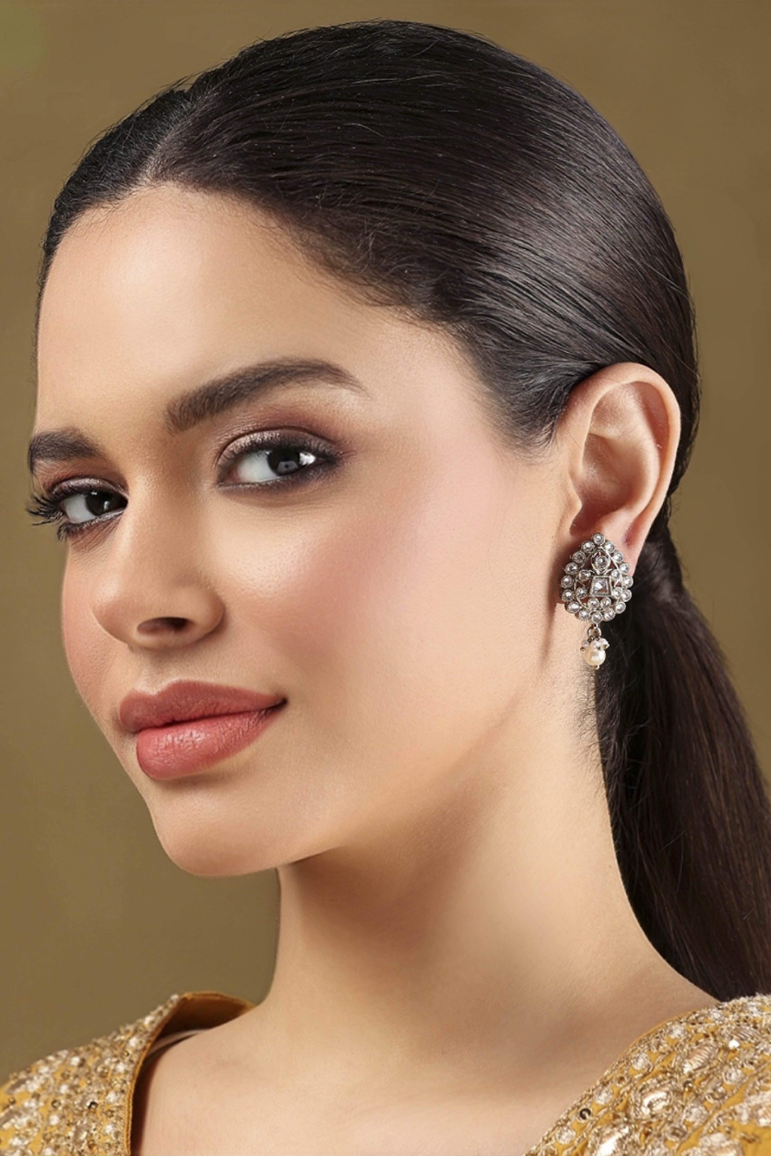 Silver Toned Gold Plated Brass Studded Drop Earrings image number 3