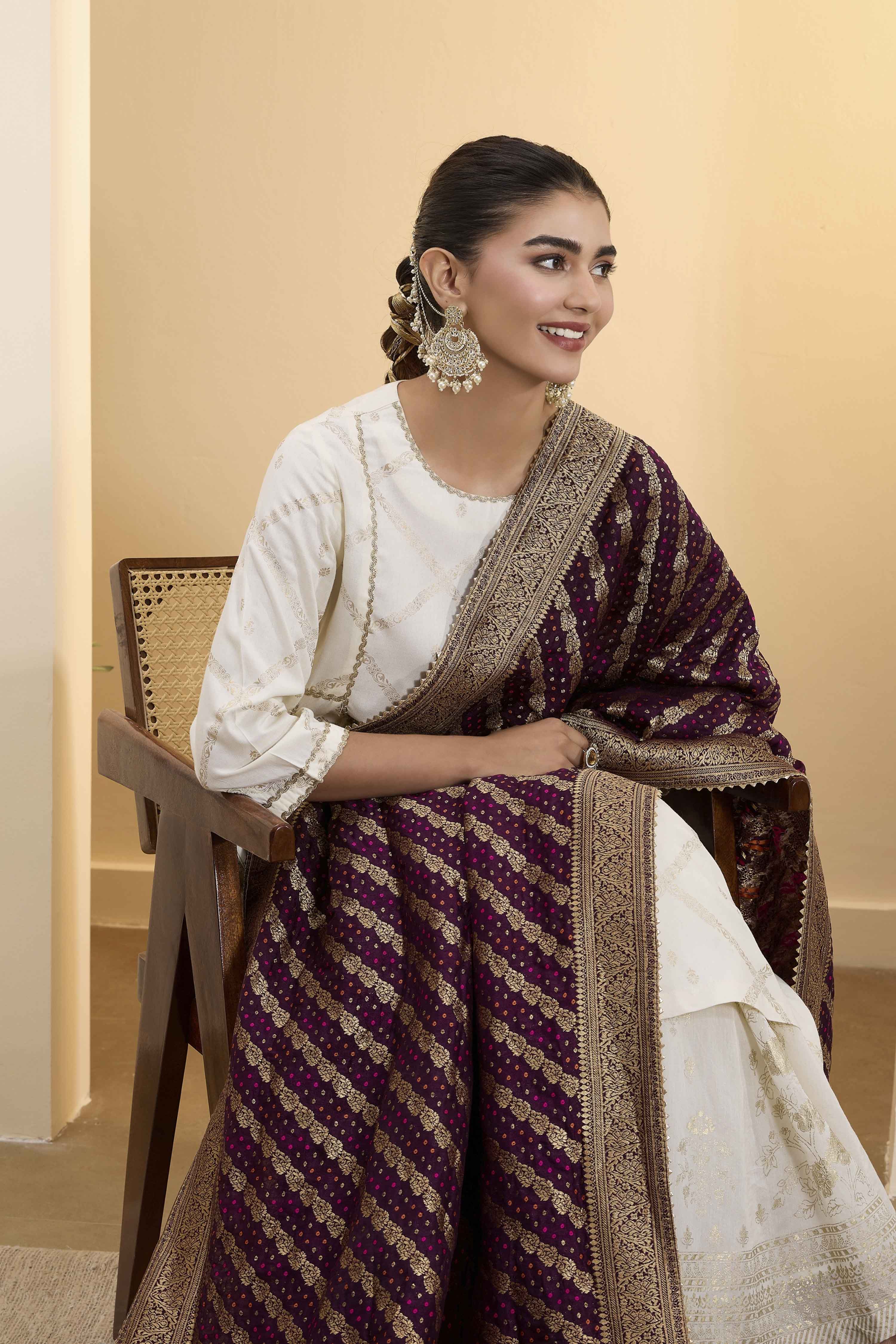 Purple Poly Printed Banarasi Dupatta image number 4