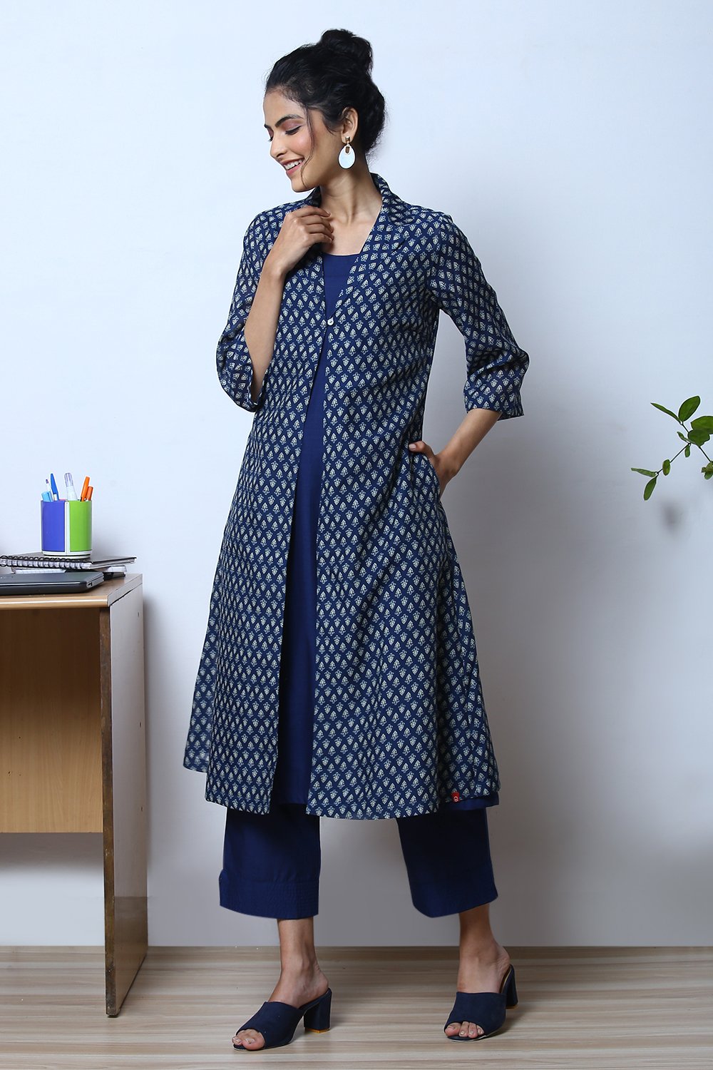 Indigo Art Silk Fusion Kurta Relaxed Pant Suit Set image number 6