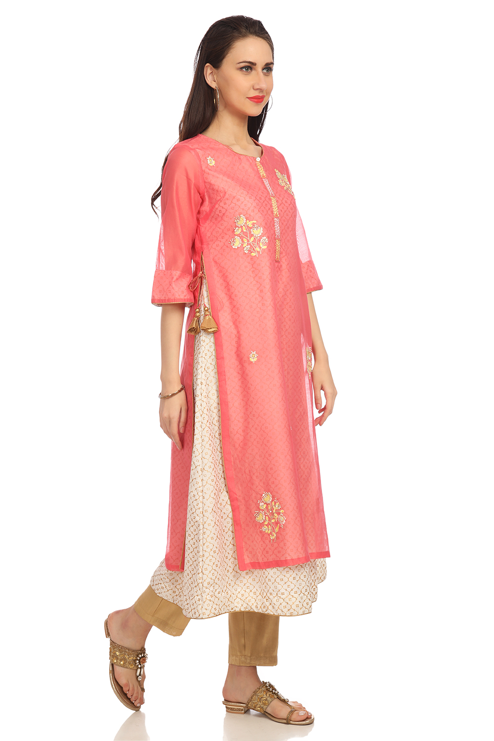 Coral A-Line Art Silk Yarndyed Kurta image number 3