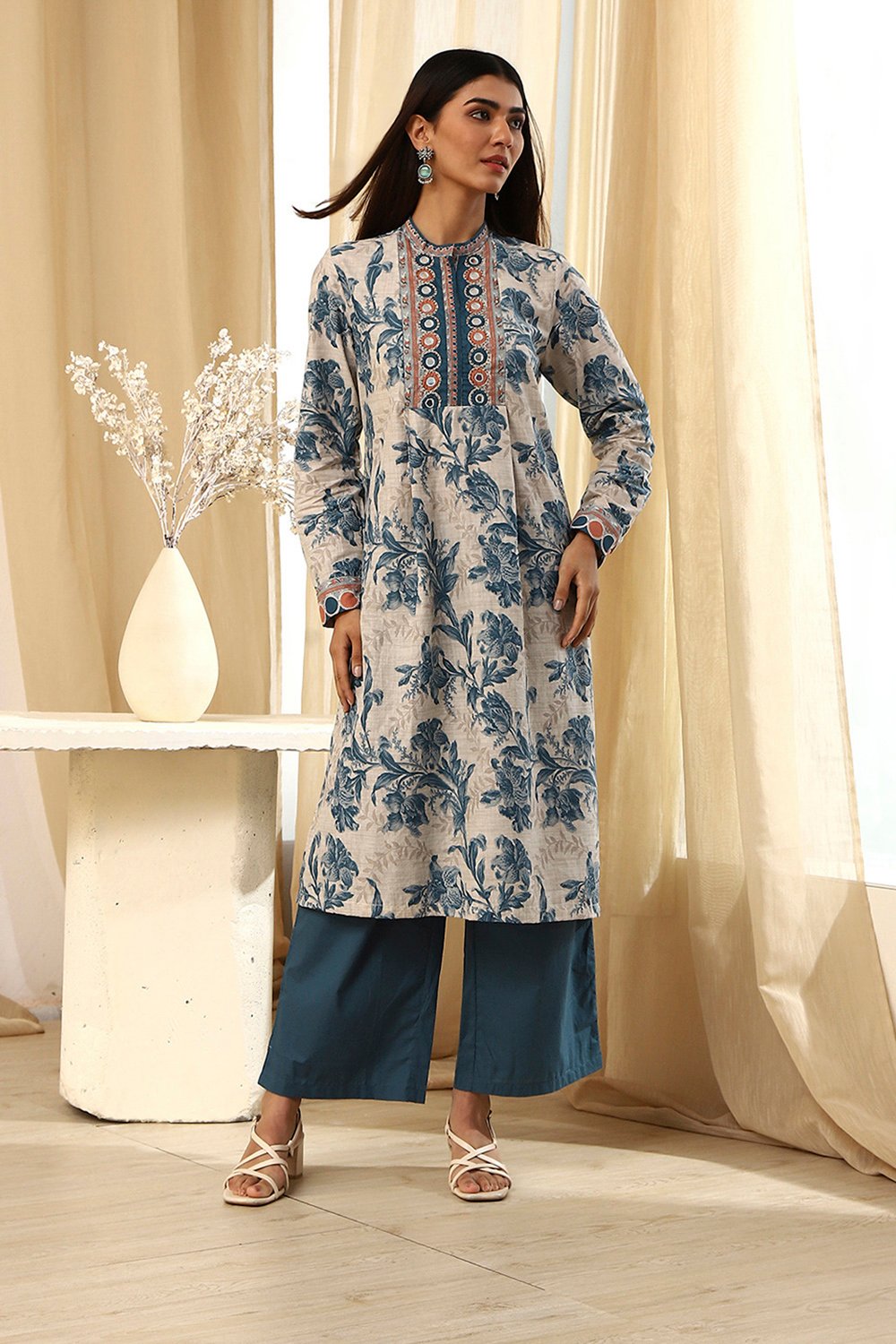 Beige and Teal Pure Cotton Straight Kurta Set image number 6