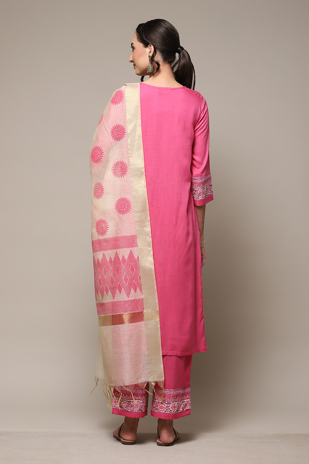 Pink LIVA Straight Kurta Narrow Palazzo Suit Set image number 4