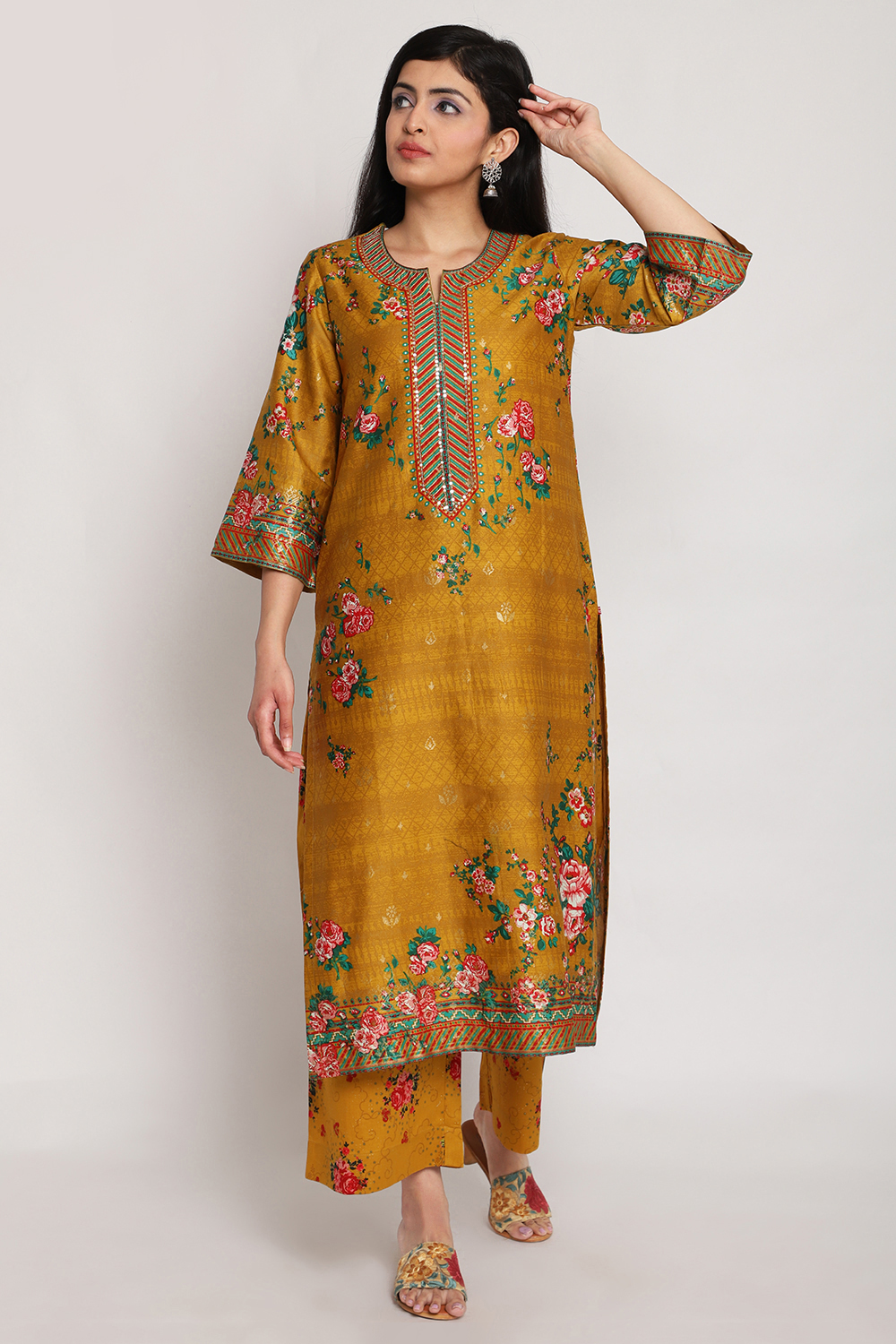 Mustard Cotton Straight Printed Kurta image number 0