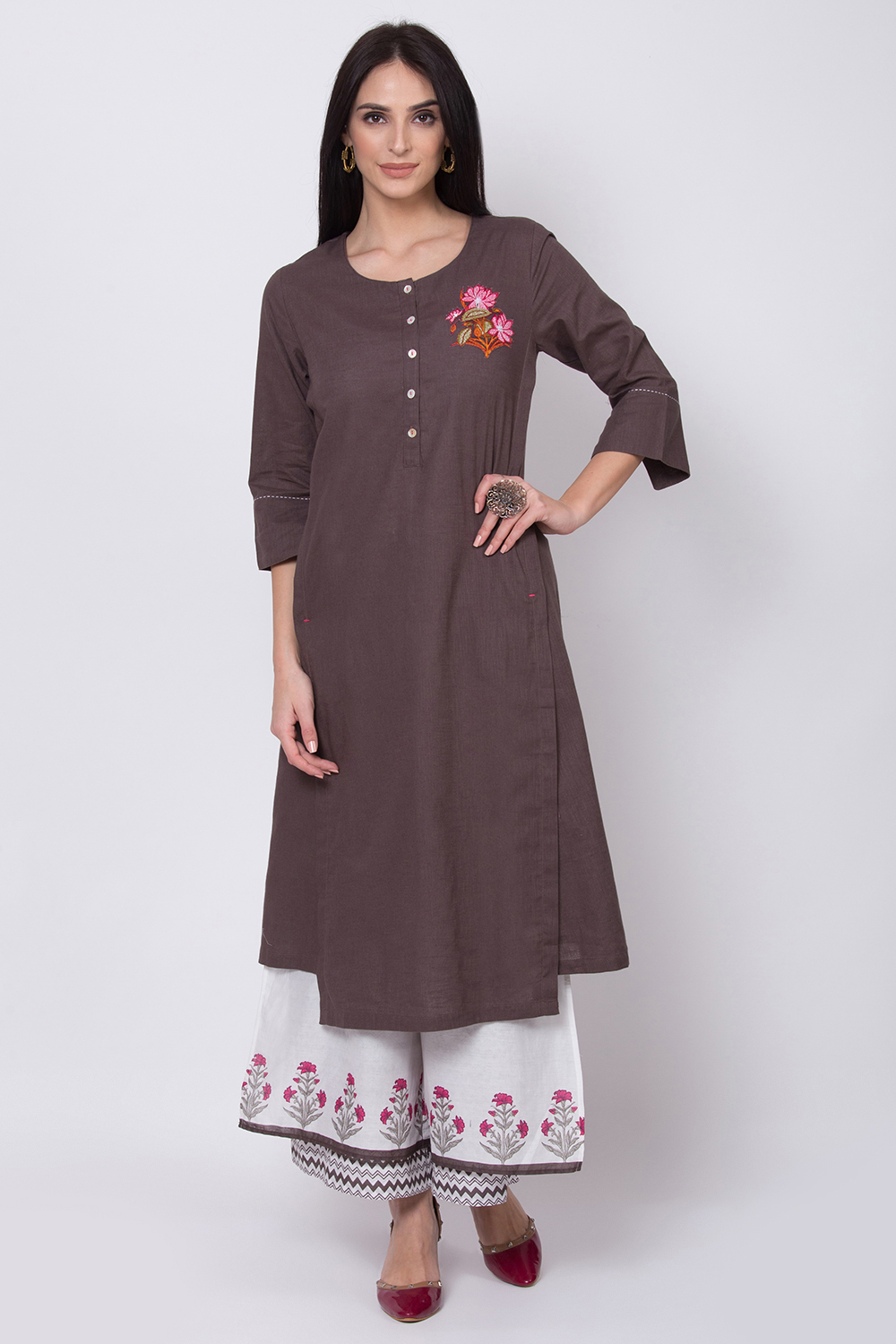 Charcoal Cotton A-Line Kurta Palazzo Suit Set image number 2