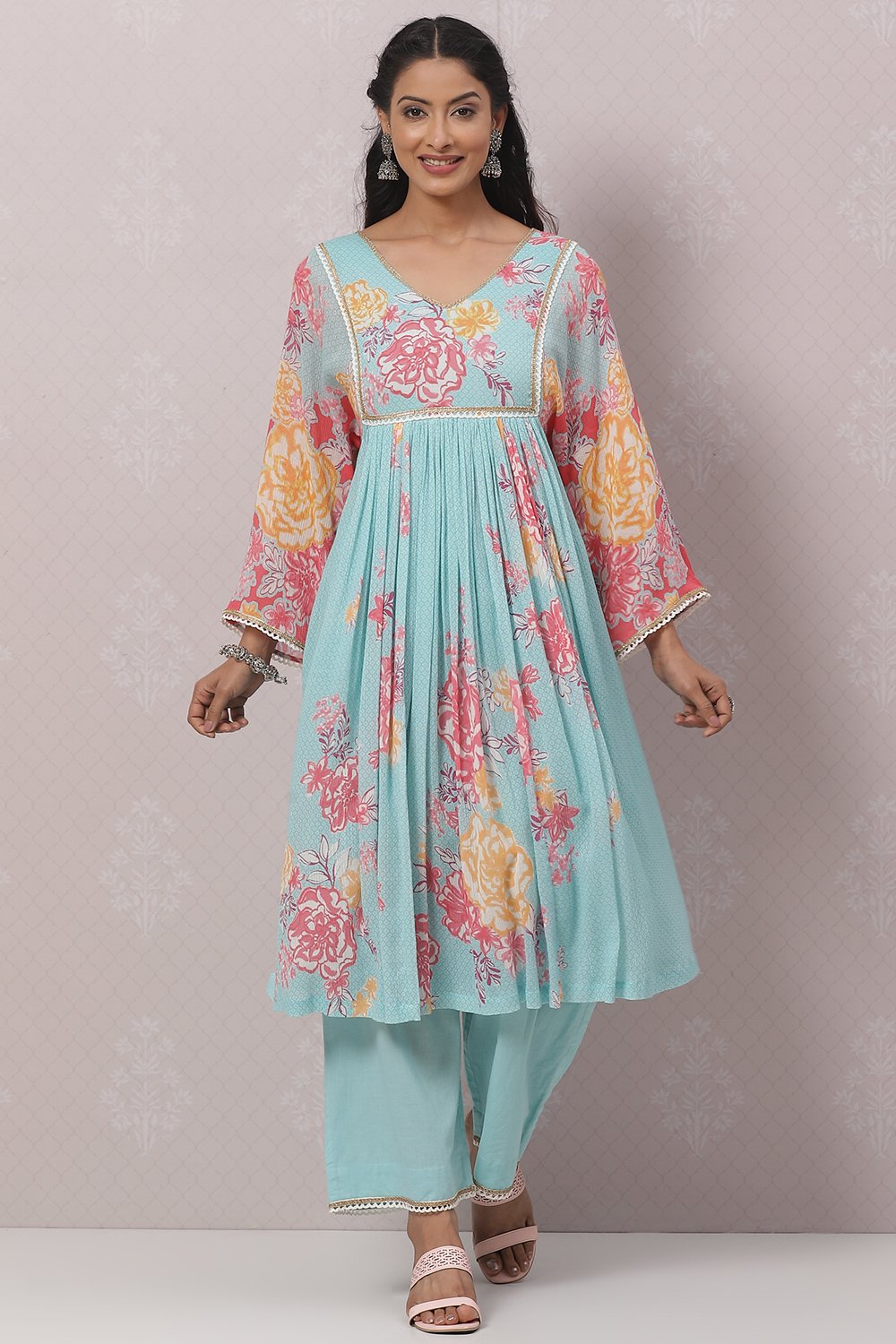 Sky Blue Cotton Flared Kurta Set image number 0