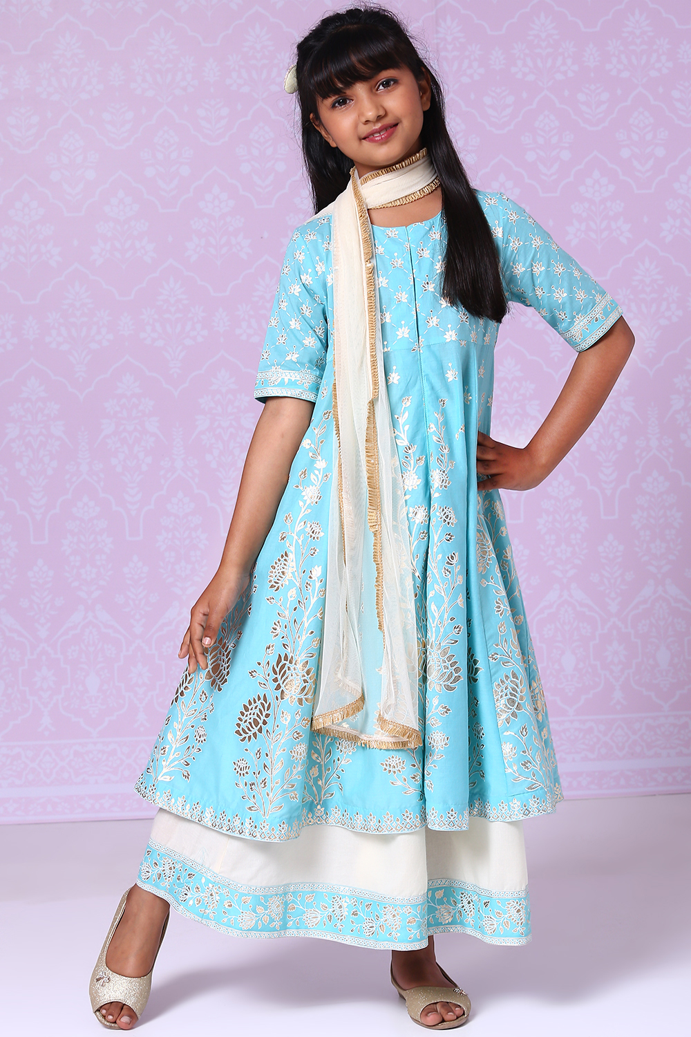 Light Blue Cotton Kalidar Kurta Flared Palazzo Suit Set image number 3