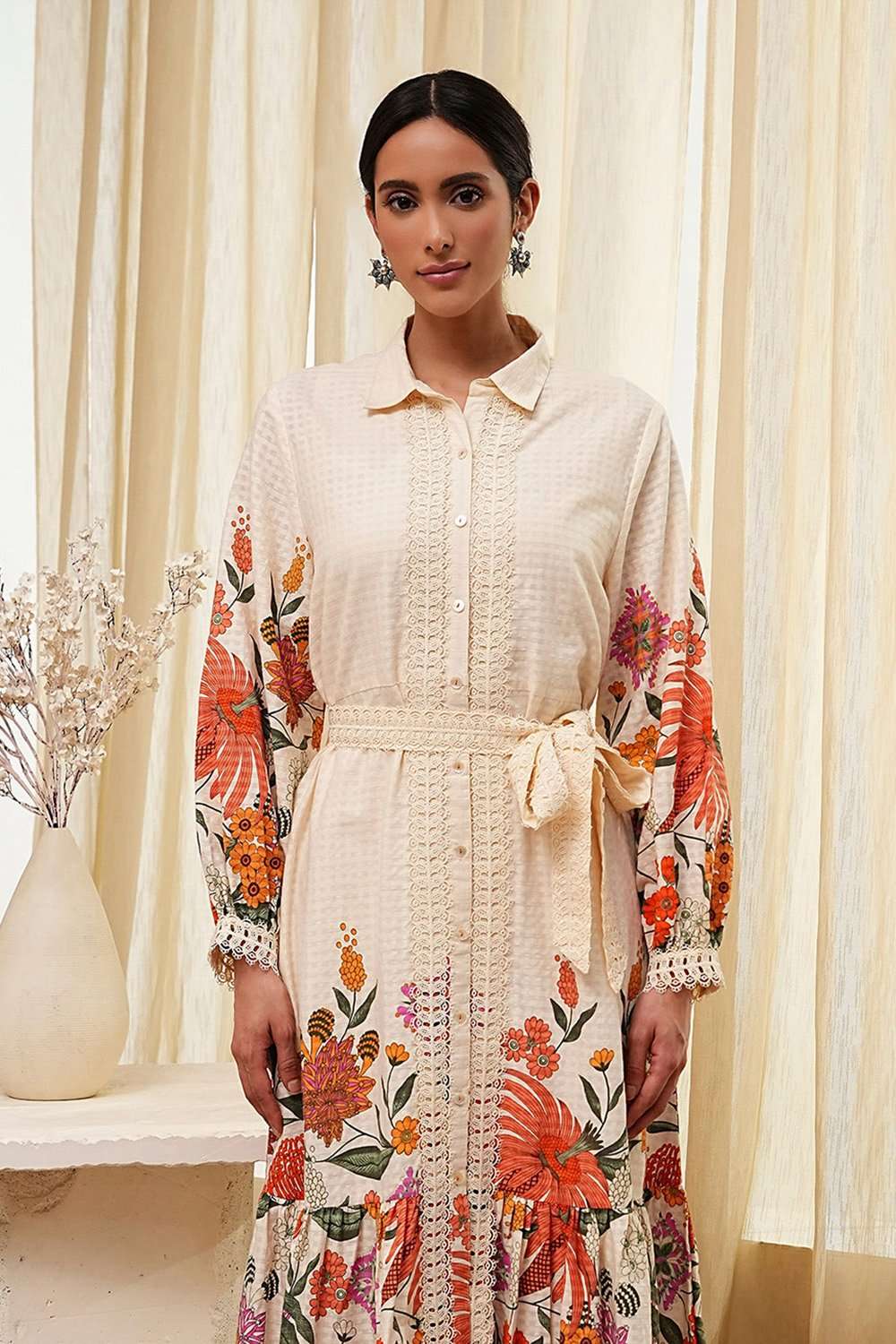 Beige Cotton Floral Shirt-Style Flared Dress image number 1
