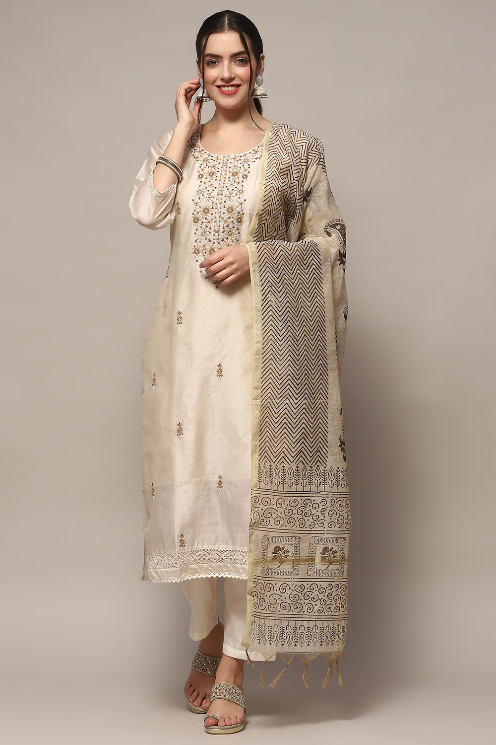 Off White Chanderi Blend Unstitched Suit set image number 8