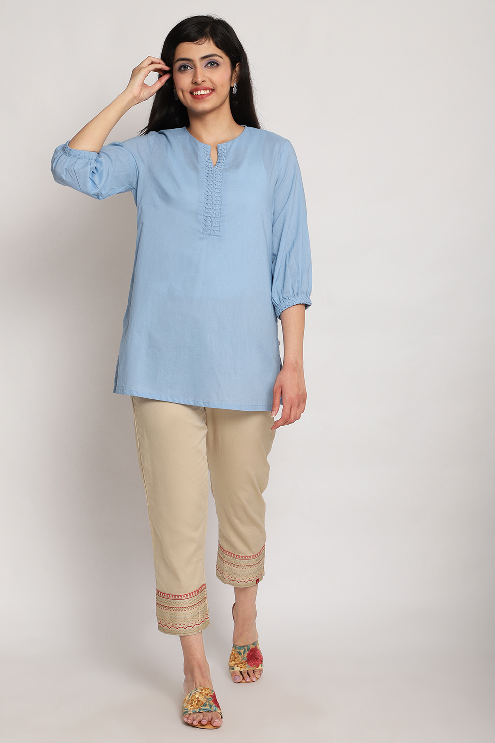 Sky Blue Cotton Short Solid Kurti image number 4
