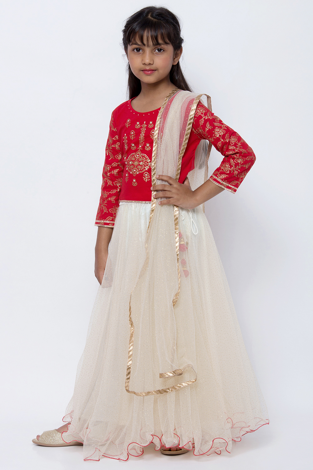 Red And Off White Lehenga Set image number 2
