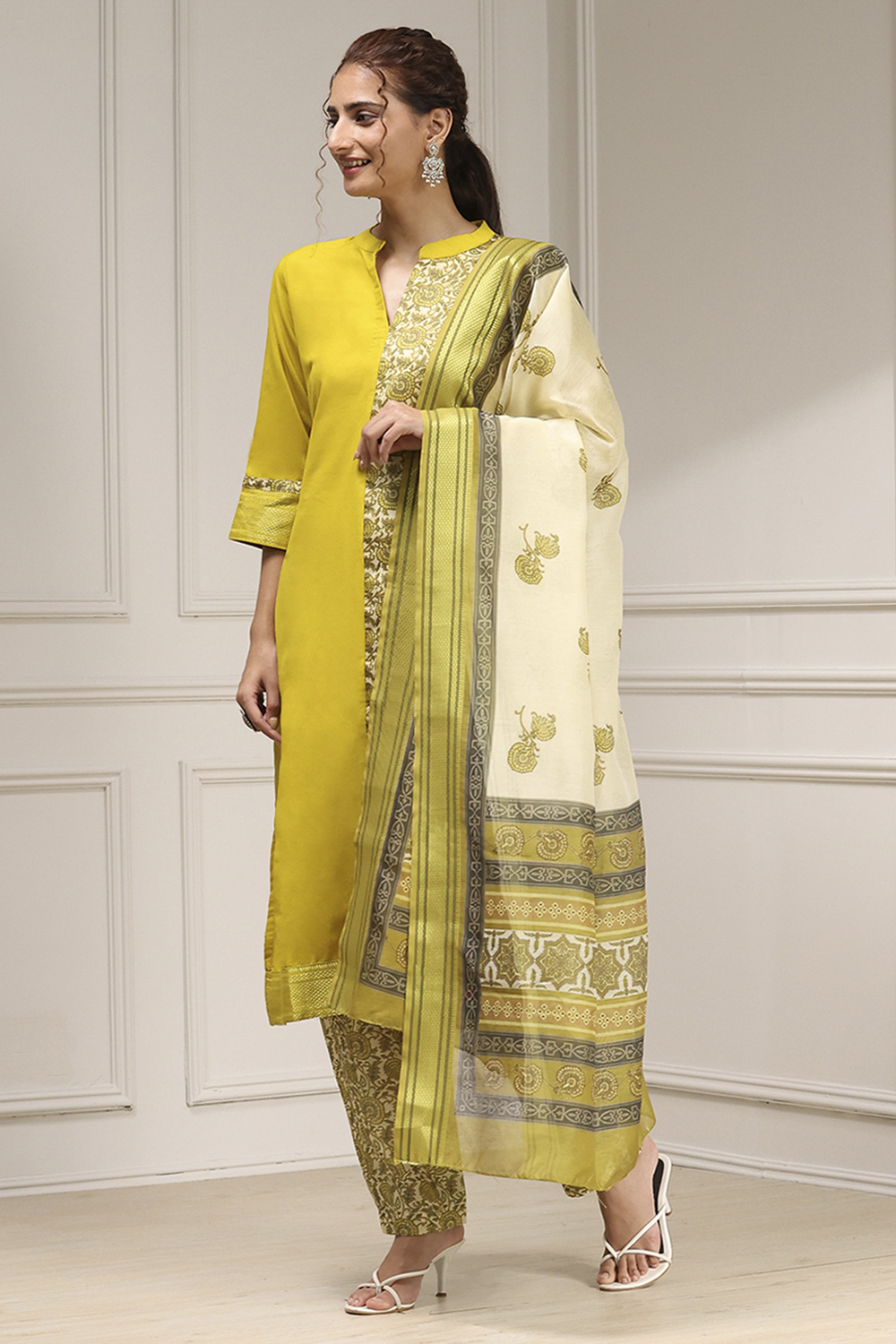 Mustard Cotton Modal Digital Print Unstitched Suit Set image number 4