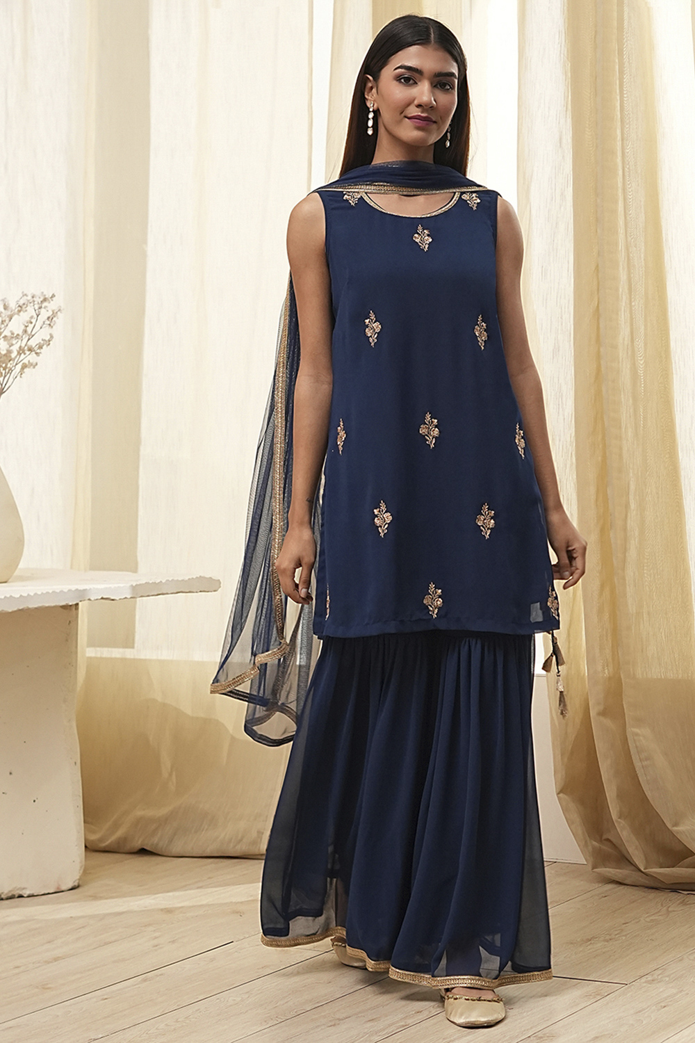 Ochre Yellow Embroidered Straight Suit Set image number 6