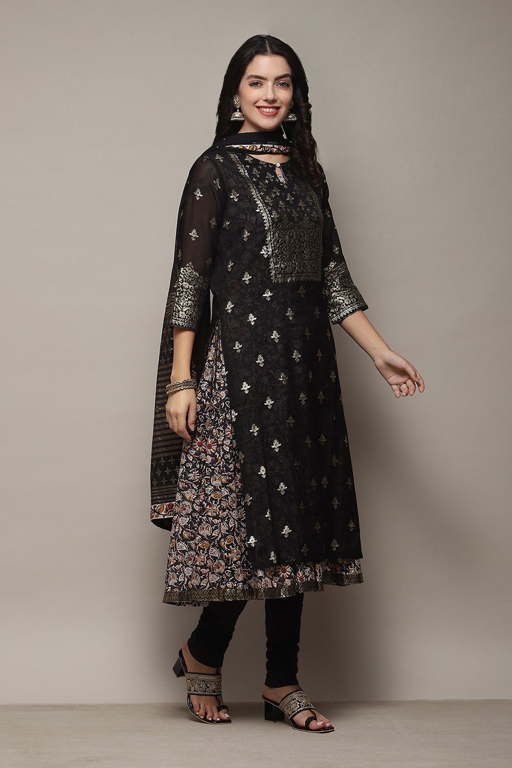 Off White Cotton Layered Printed Kurta Churidar Suit Set image number 6