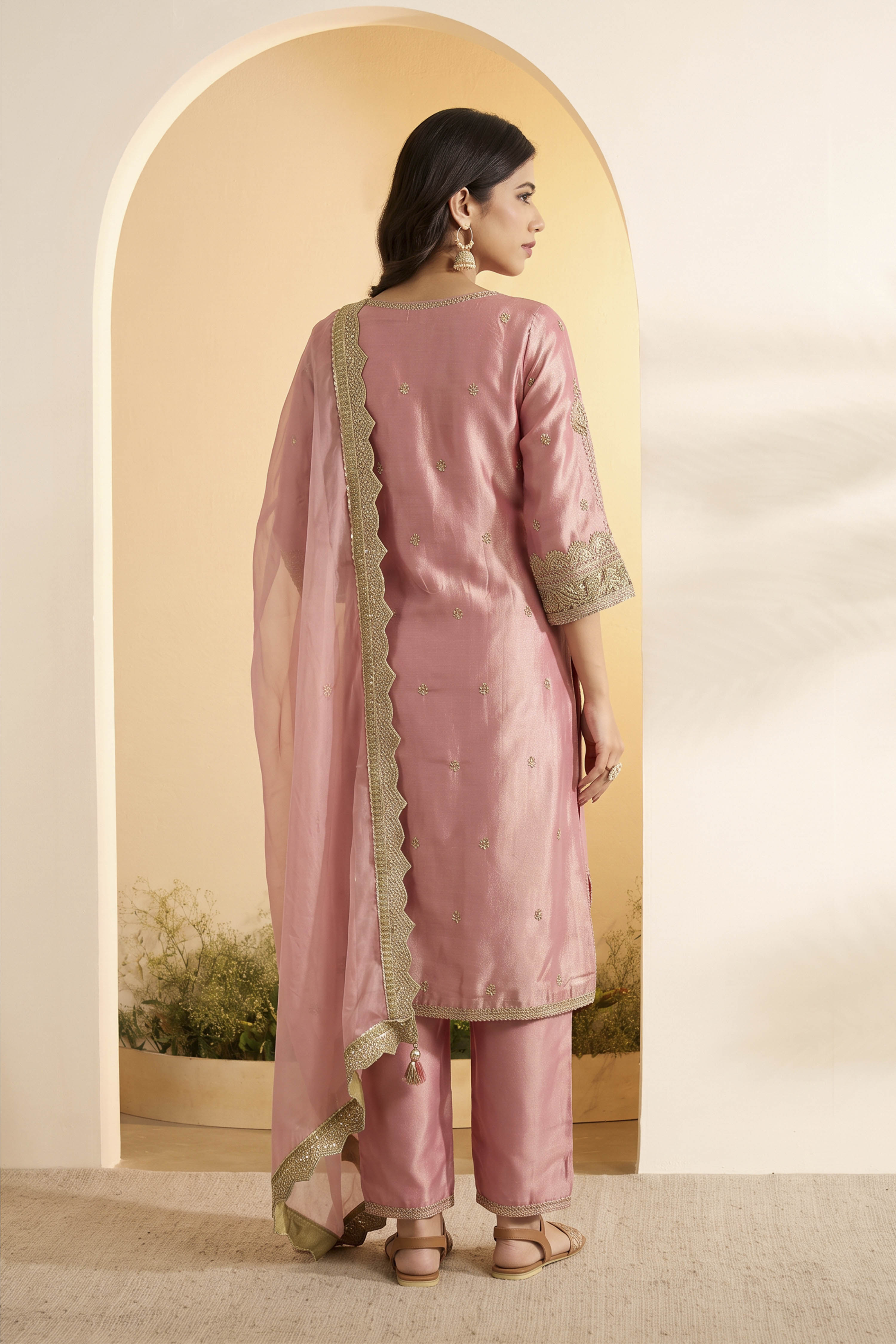 Rose Pink Viscose Rayon Embellished Suit Set image number 4