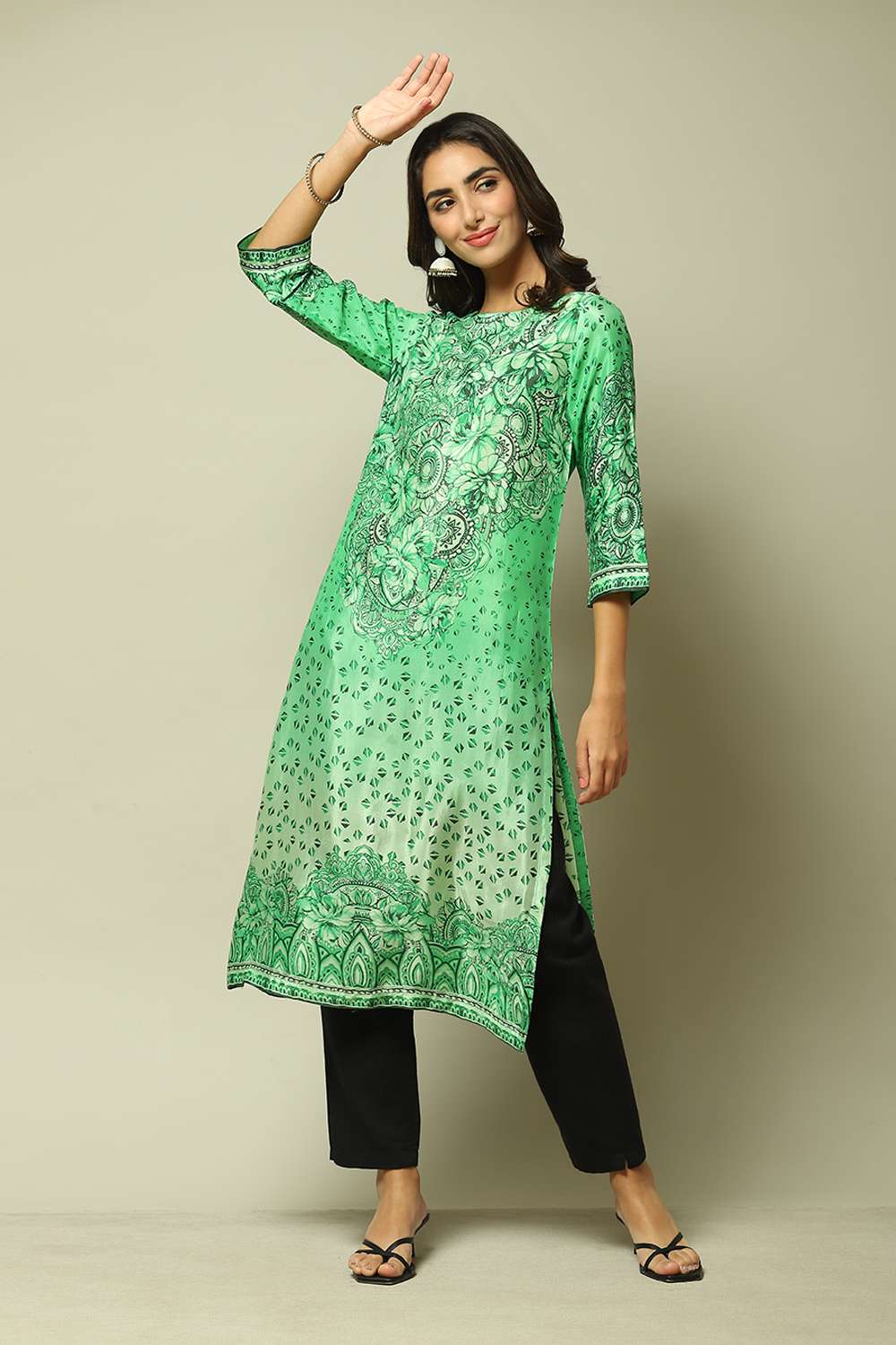 Green LIVA Straight Printed Kurta image number 0