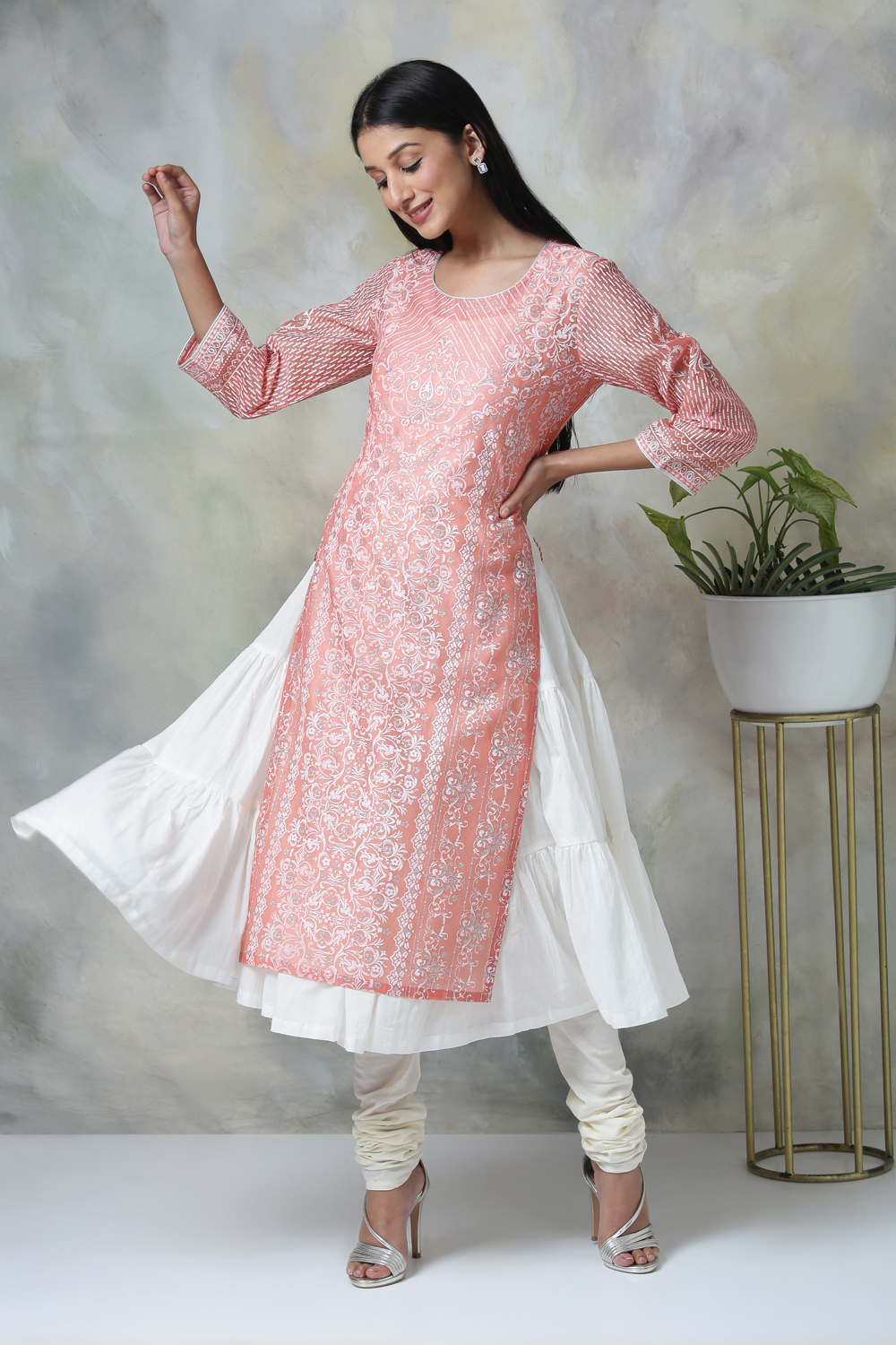 Peach Cotton Double Layered Printed Kurta image number 4