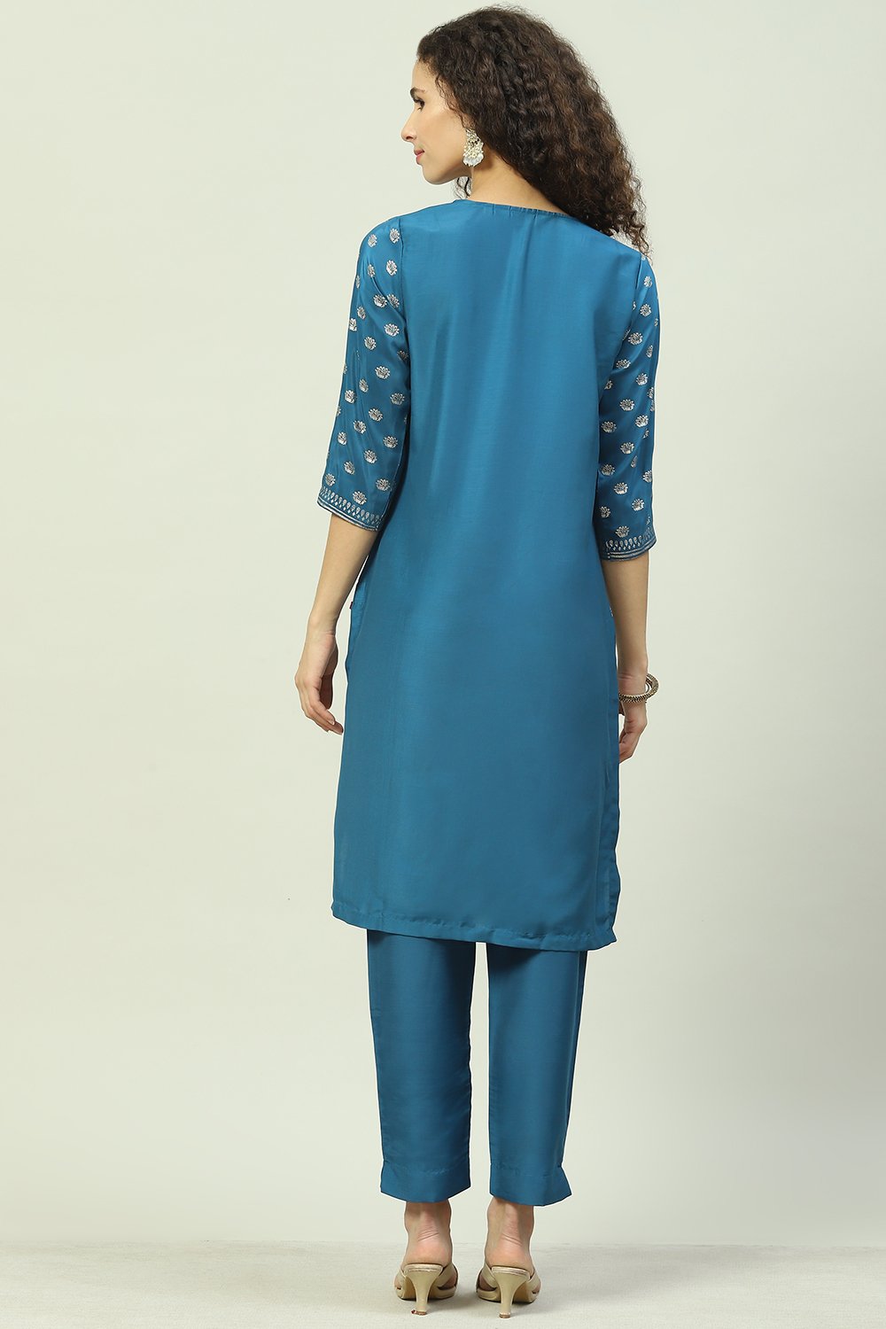 Teal Art Silk Straight Kurta Slim Pant Suit Set image number 4