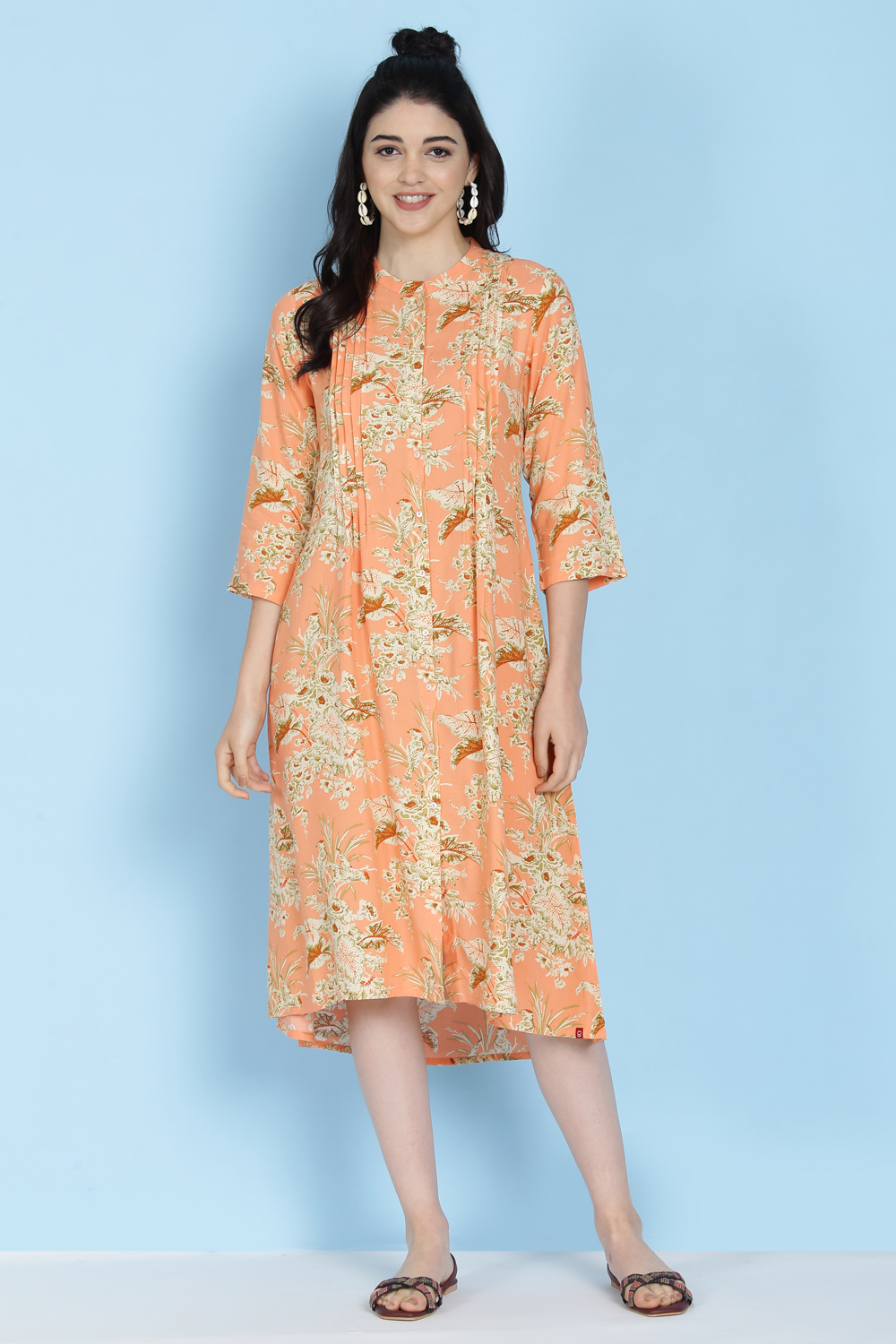 Peach Rayon A-line Printed Kurta Dress image number 0