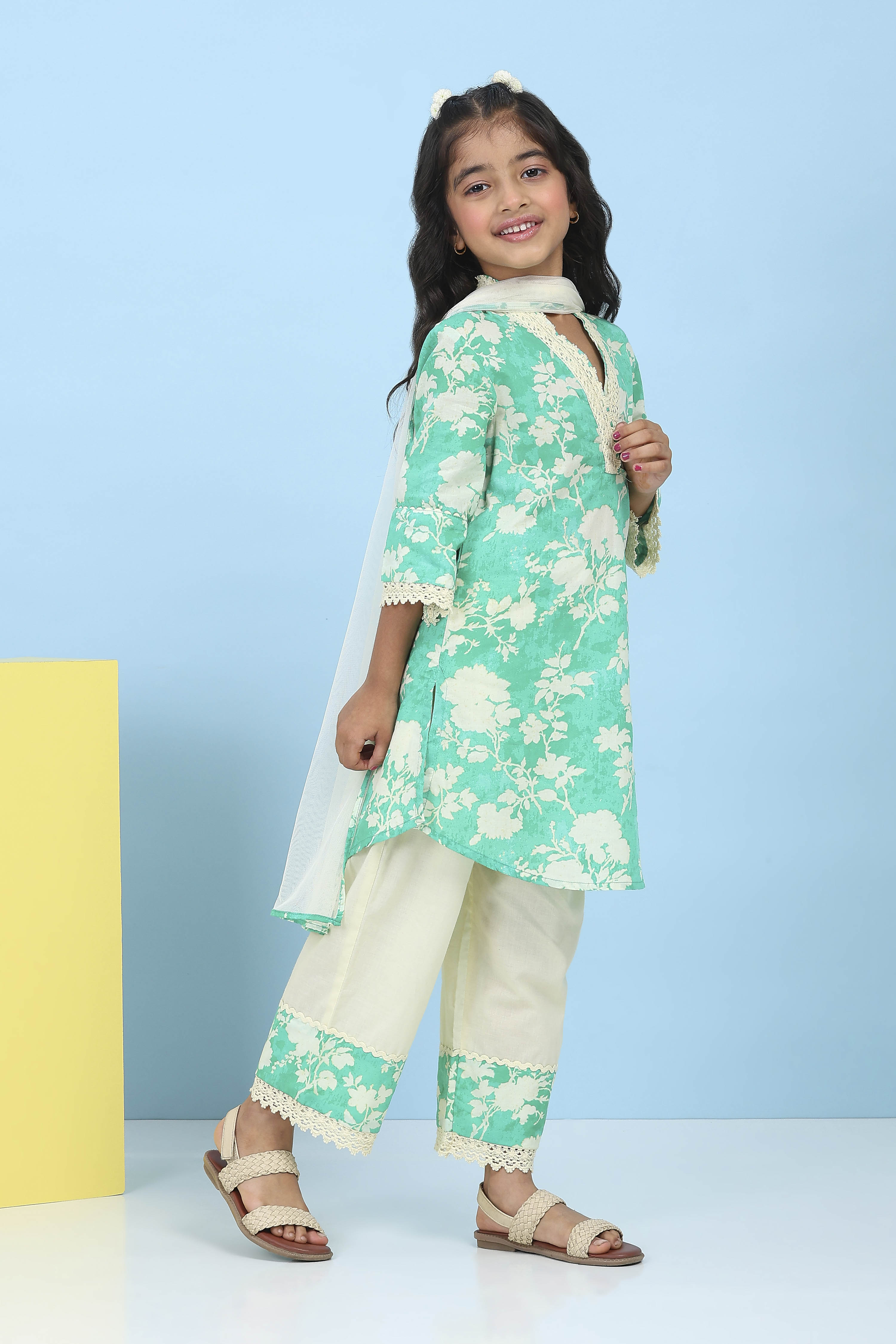 Green Cotton Printed Straight Suit Set image number 4