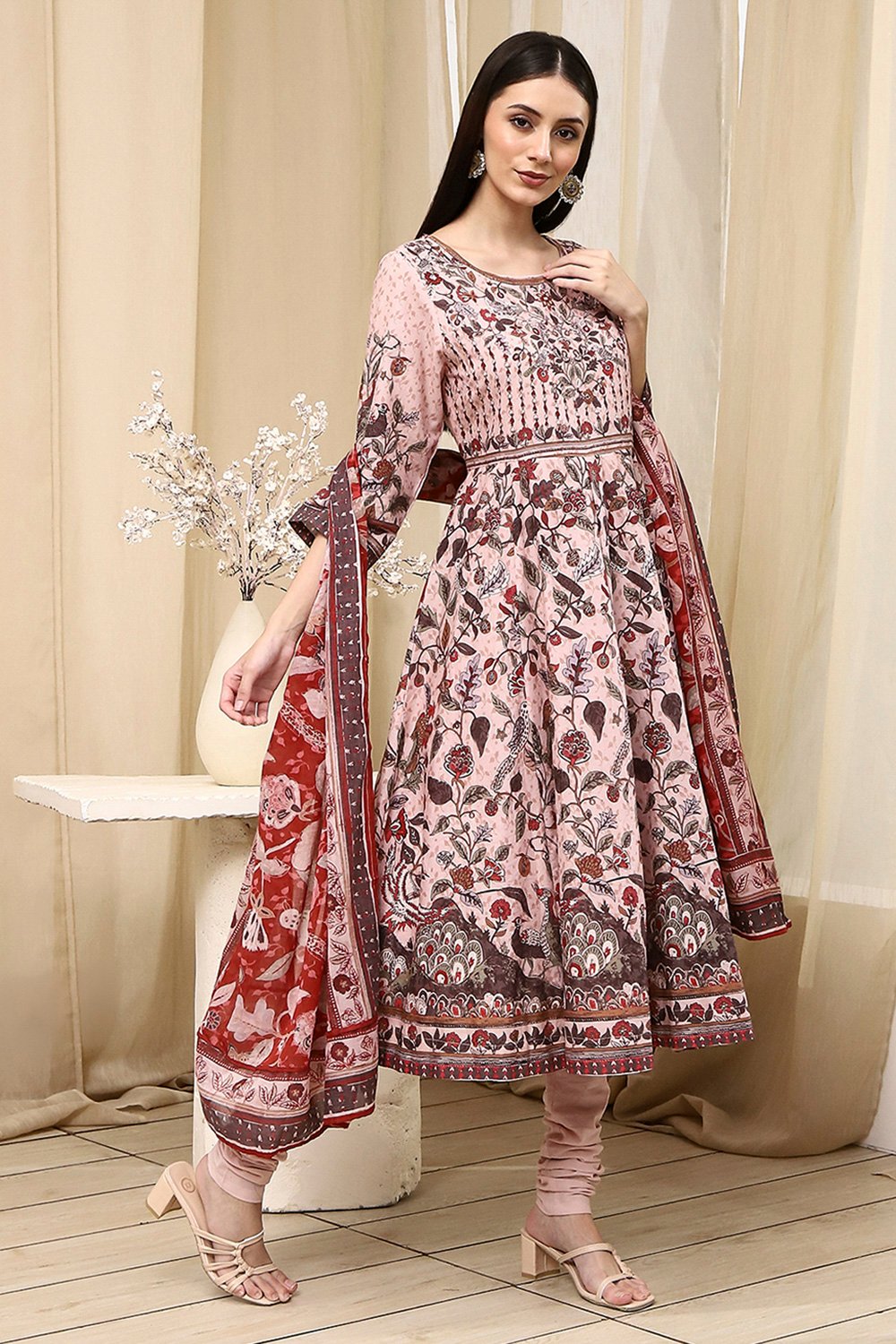 Beige Cotton Anarkali Kurta Churidar Suit Set image number 5