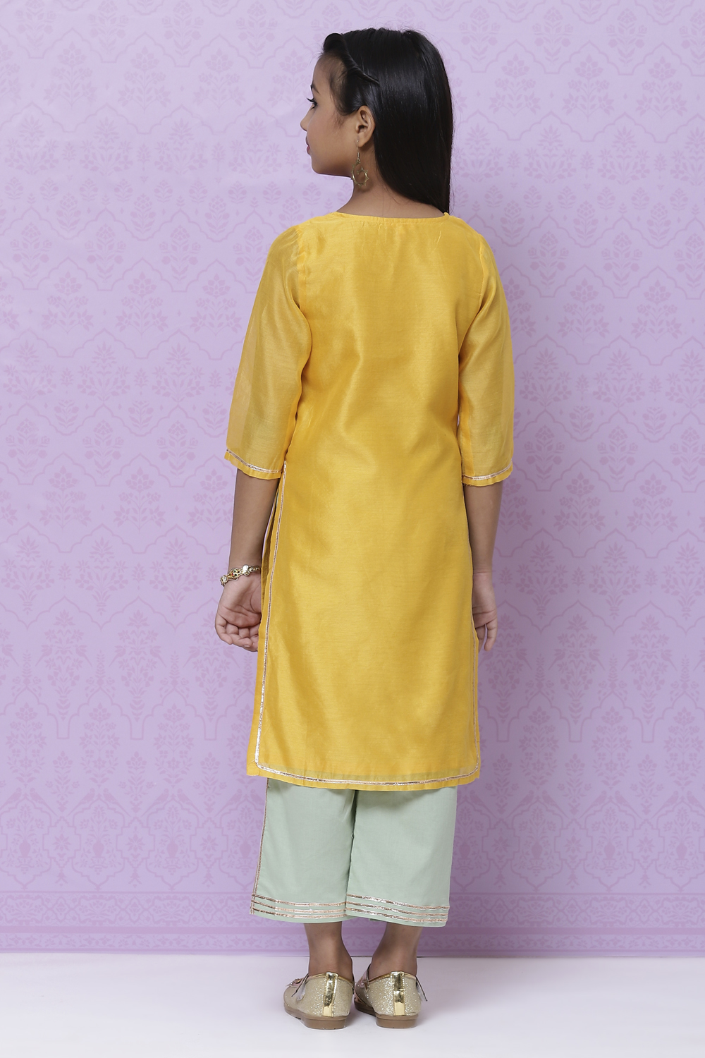 Yellow And Green Poly Cotton Girls Straight Straight Kurta Palazzo Suit Set image number 7