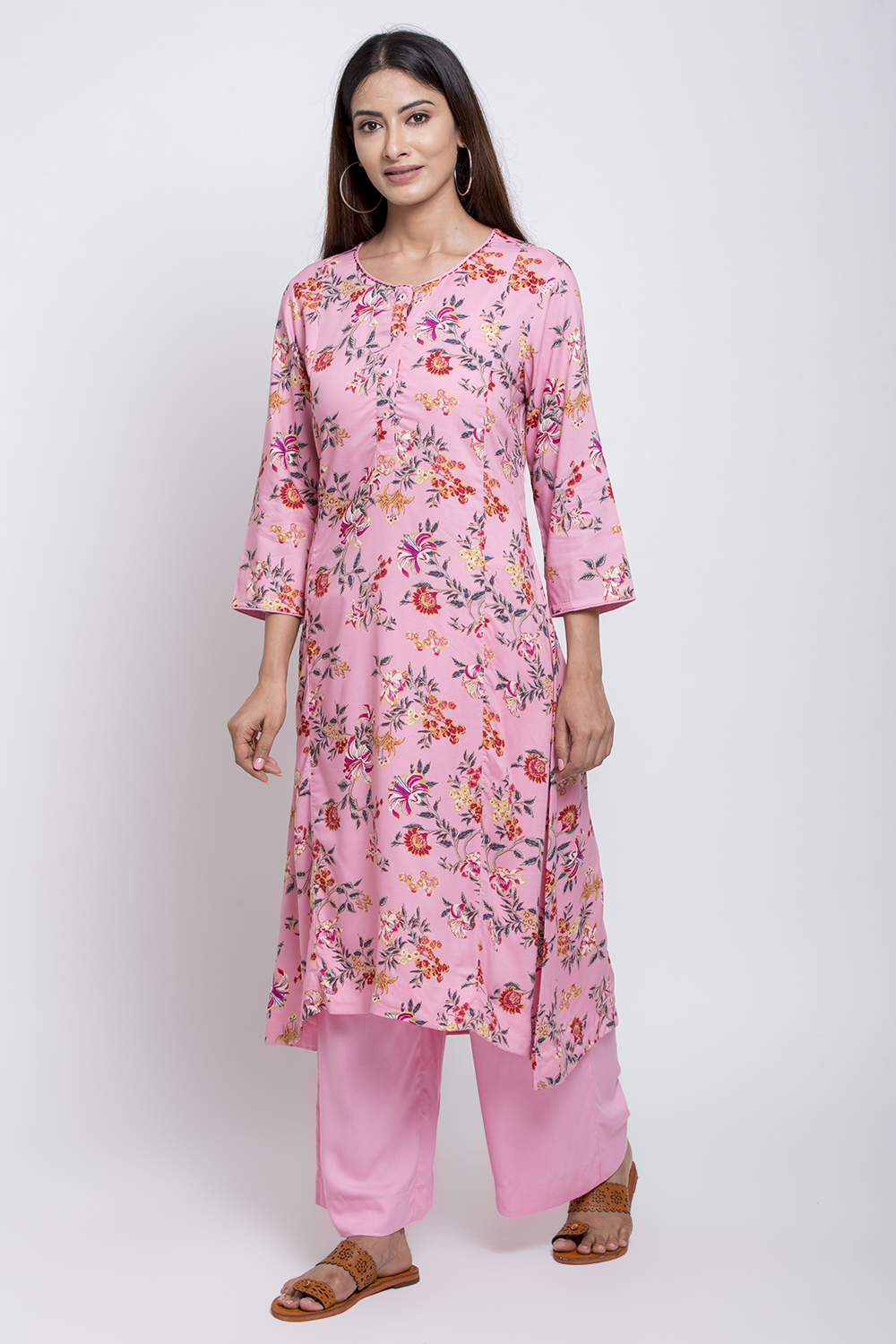 Pink Viscose A-Line Kurta Palazzo Suit Set image number 3