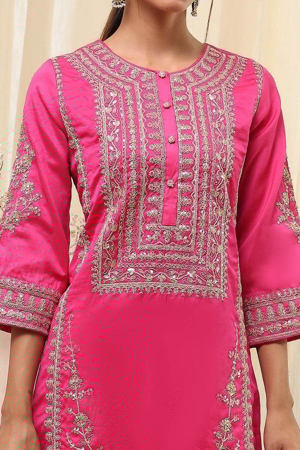 Fuchsia Cotton Silk Straight Suit Set image number 1