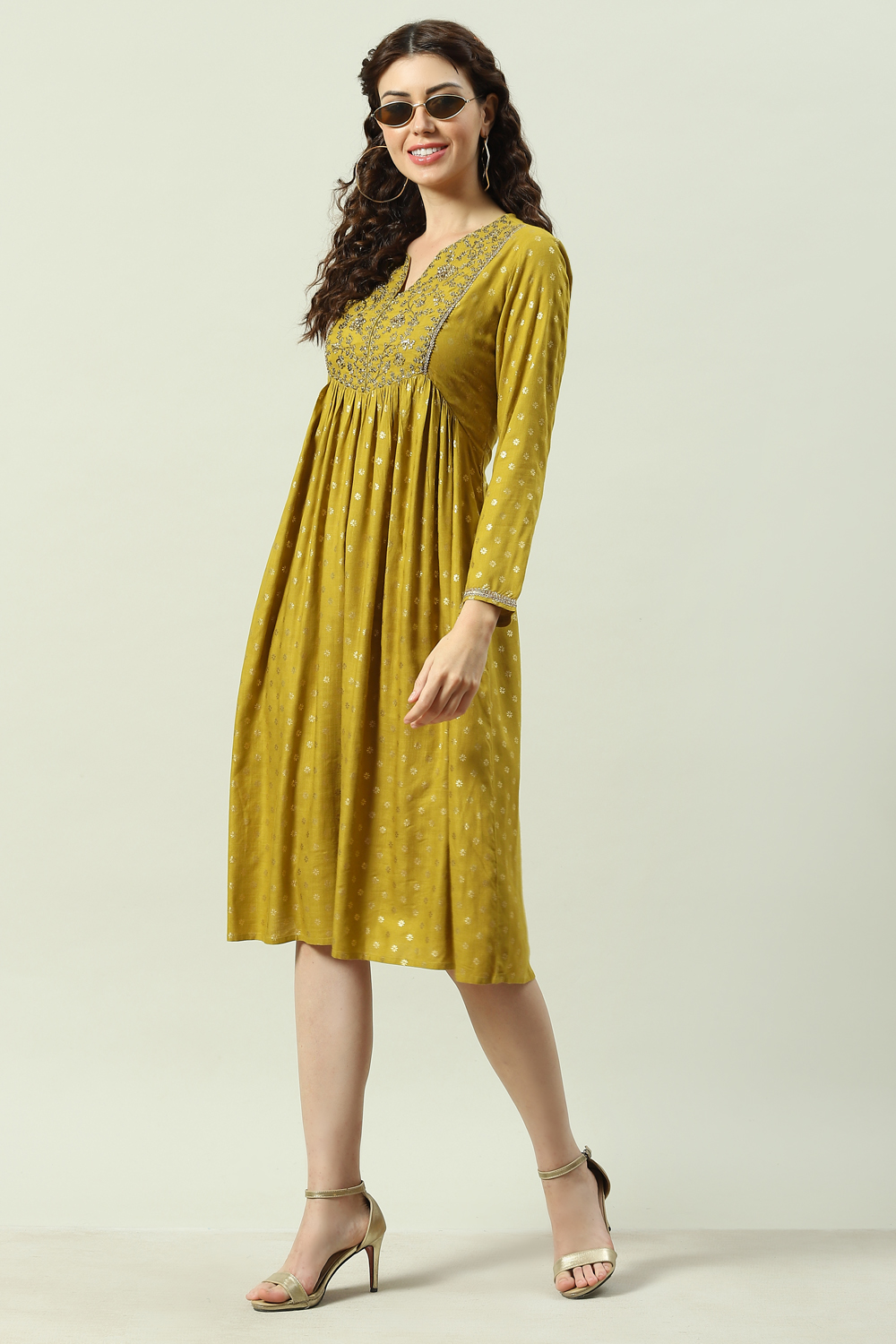 Green Rayon Flared Printed Kurta Dress image number 5